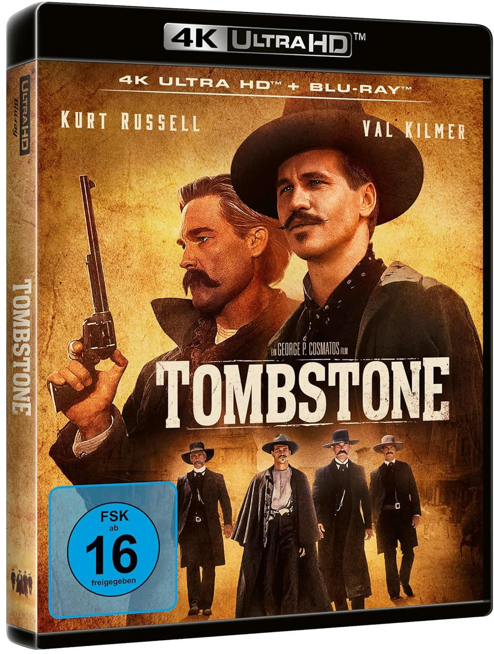 Filmcover für Tombstone. Mit Kurt Russell und Val Kilmer. Cowboys mit Hüten. Blu-ray und 4K Ultra HD. FSK 16.