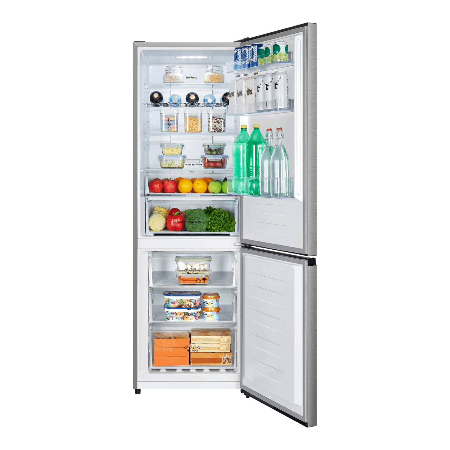 Open refrigerator filled with food and drinks: fruits, vegetables, bottles, and containers. Stainless steel finish. White background.