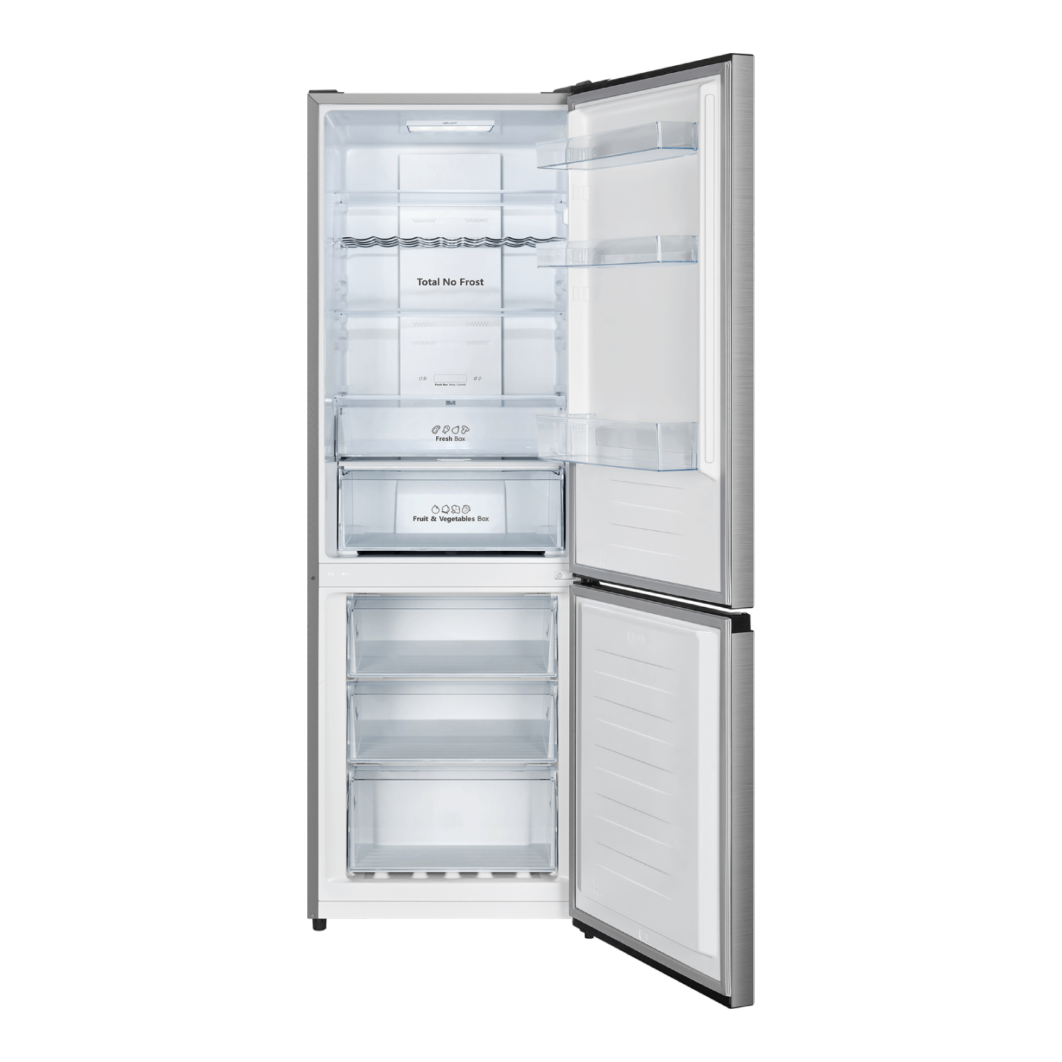 Open stainless steel refrigerator. Upper section has shelves, the door has shelves. Lower section has drawers. Both doors are open.