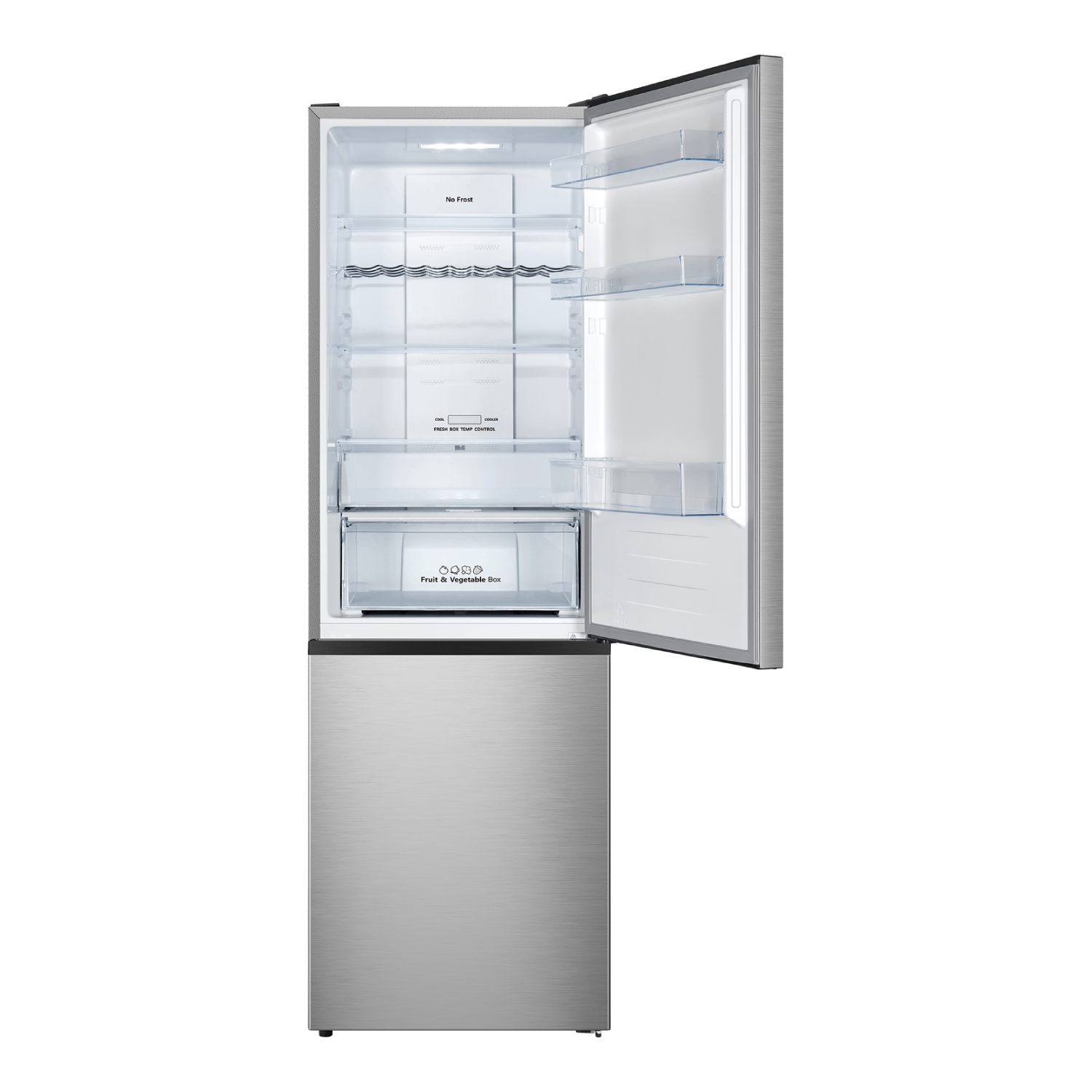A stainless steel refrigerator with the door open, revealing shelves, drawers, and the interior. No Frost text is visible.