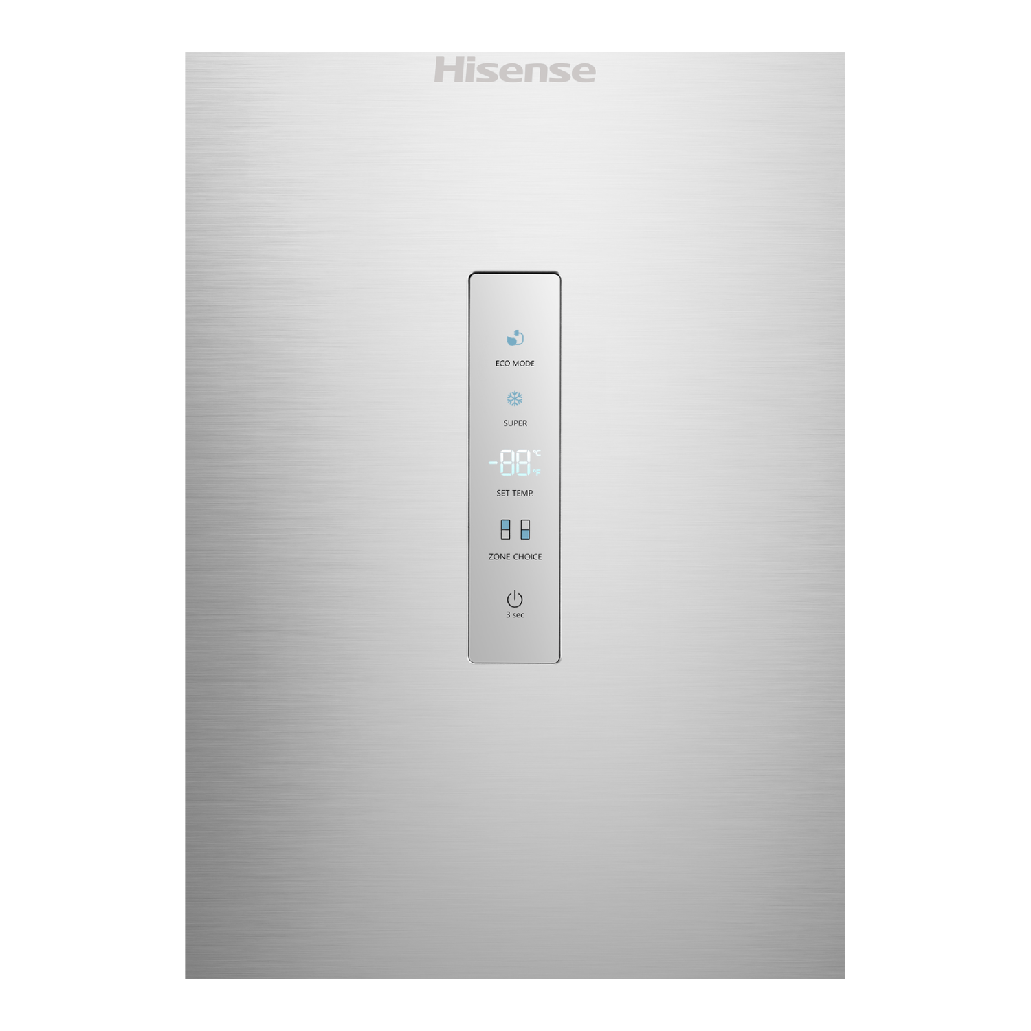 A stainless steel refrigerator front with control panel. It displays ECO MODE, SUPER, temperature, and other settings.