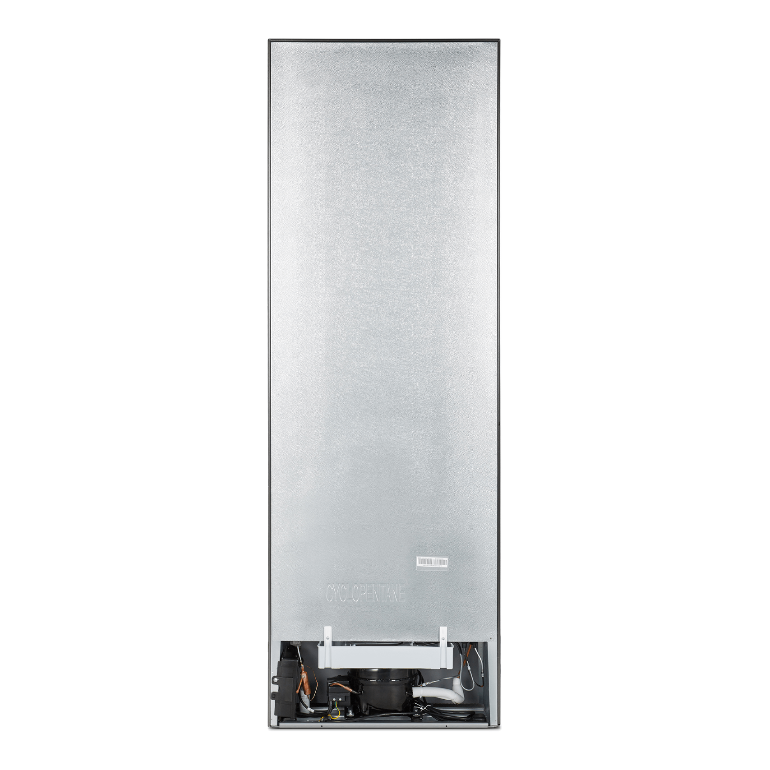 Back of a refrigerator on a white background. Metal back panel with black frame. Cyclopentane text visible.