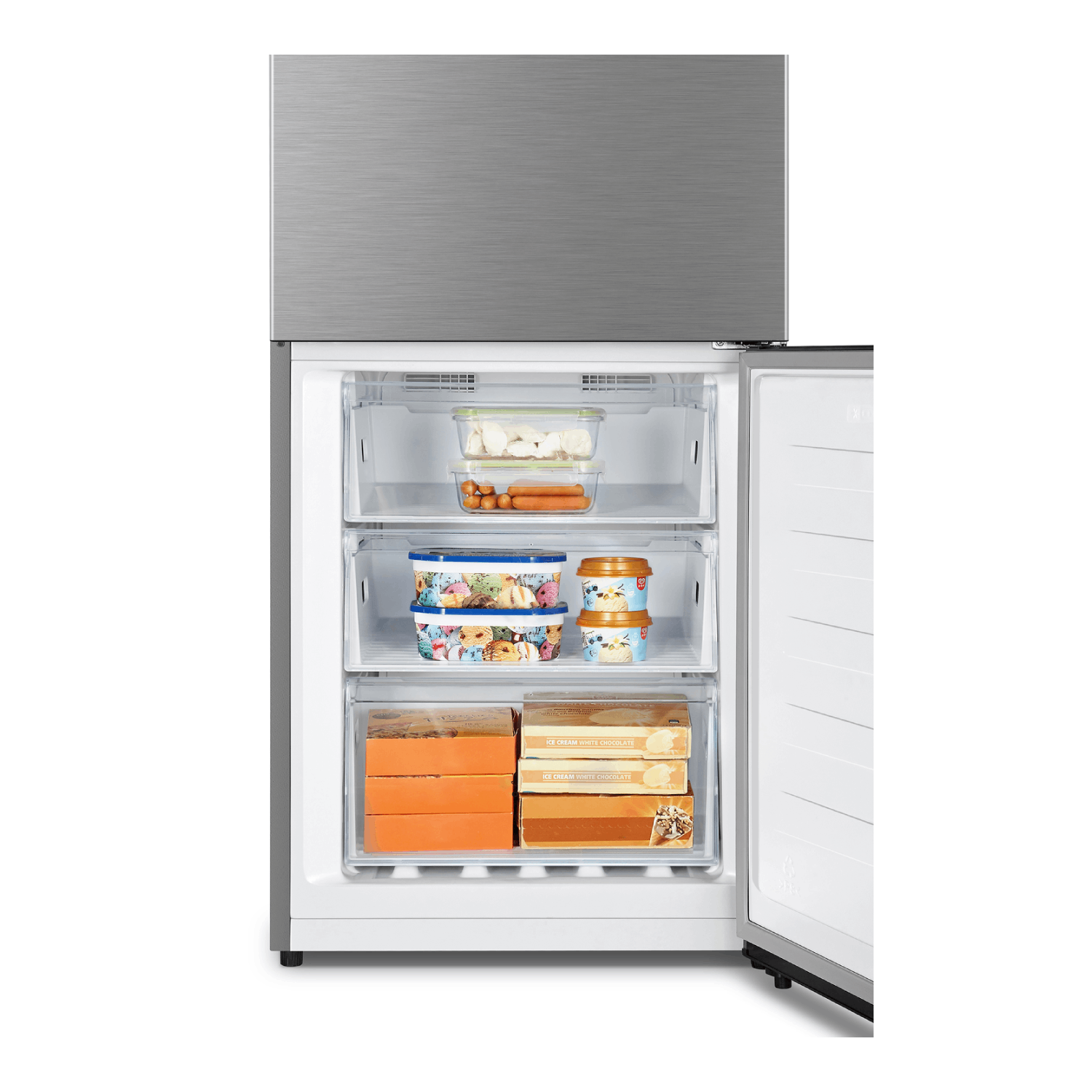 A silver refrigerator with an open freezer. Inside are containers of food including ice cream and frozen meals.