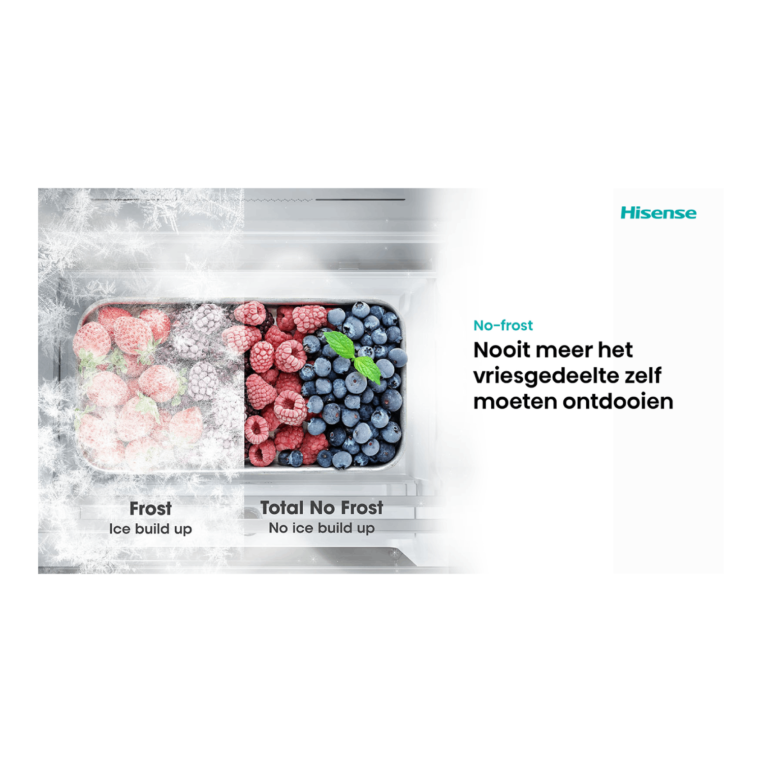 Image shows a fridge drawer with frozen berries, contrasting frost build-up versus no ice build-up. Hisense logo present.