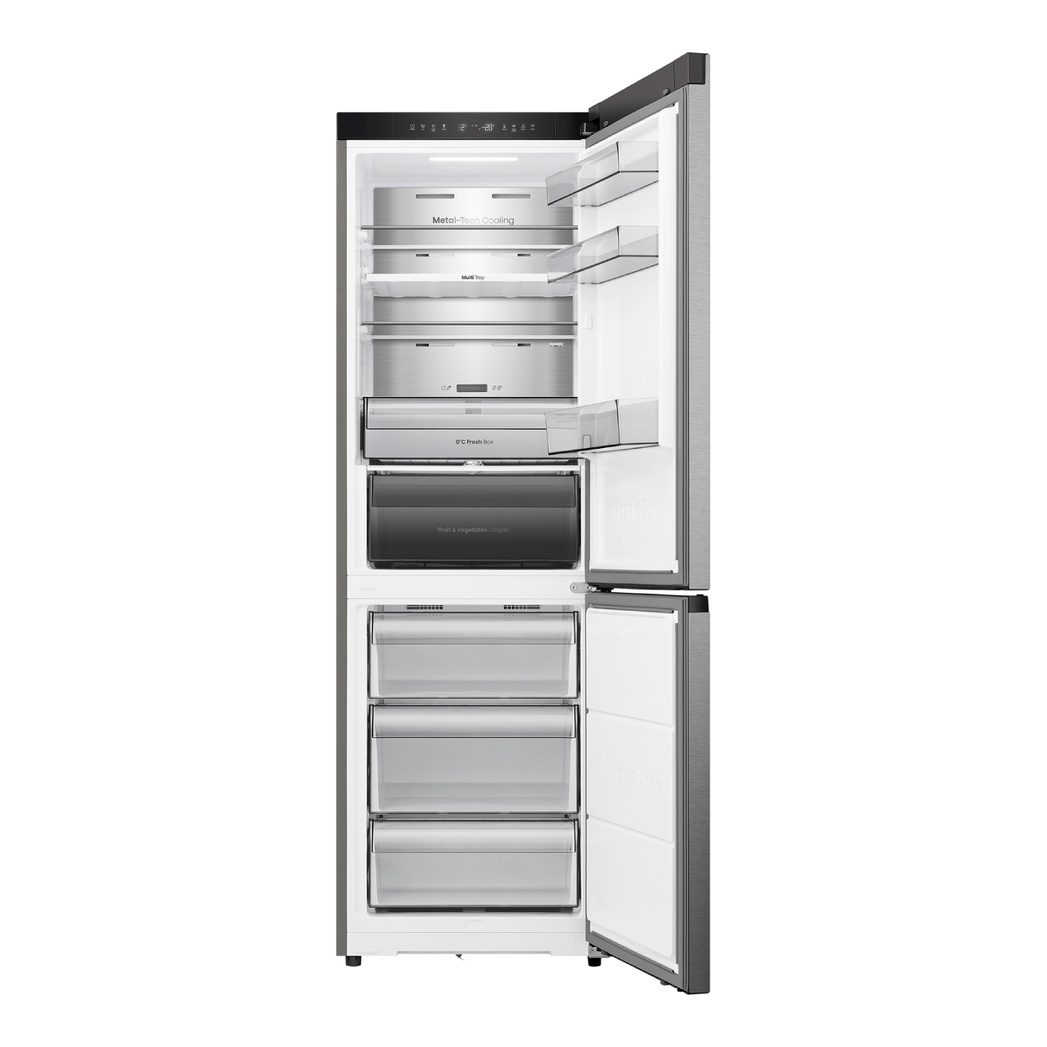 Een roestvrijstalen koelkast met de deur open, met planken, laden en labels zoals 'Metal-Tech Cooling' en 'Fruit & Vegetable Crisper'.
