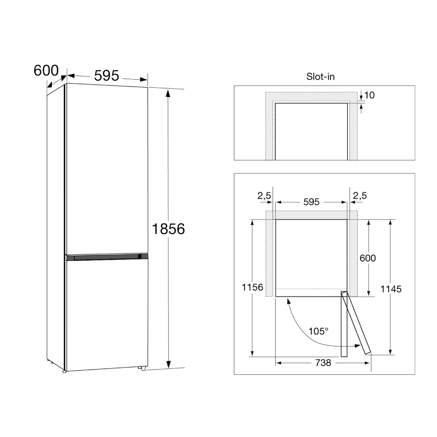 Een diagram van een koelkast met afmetingen in millimeters. Het bevat een slot-in weergave en afmetingen voor installatie en deuropening.