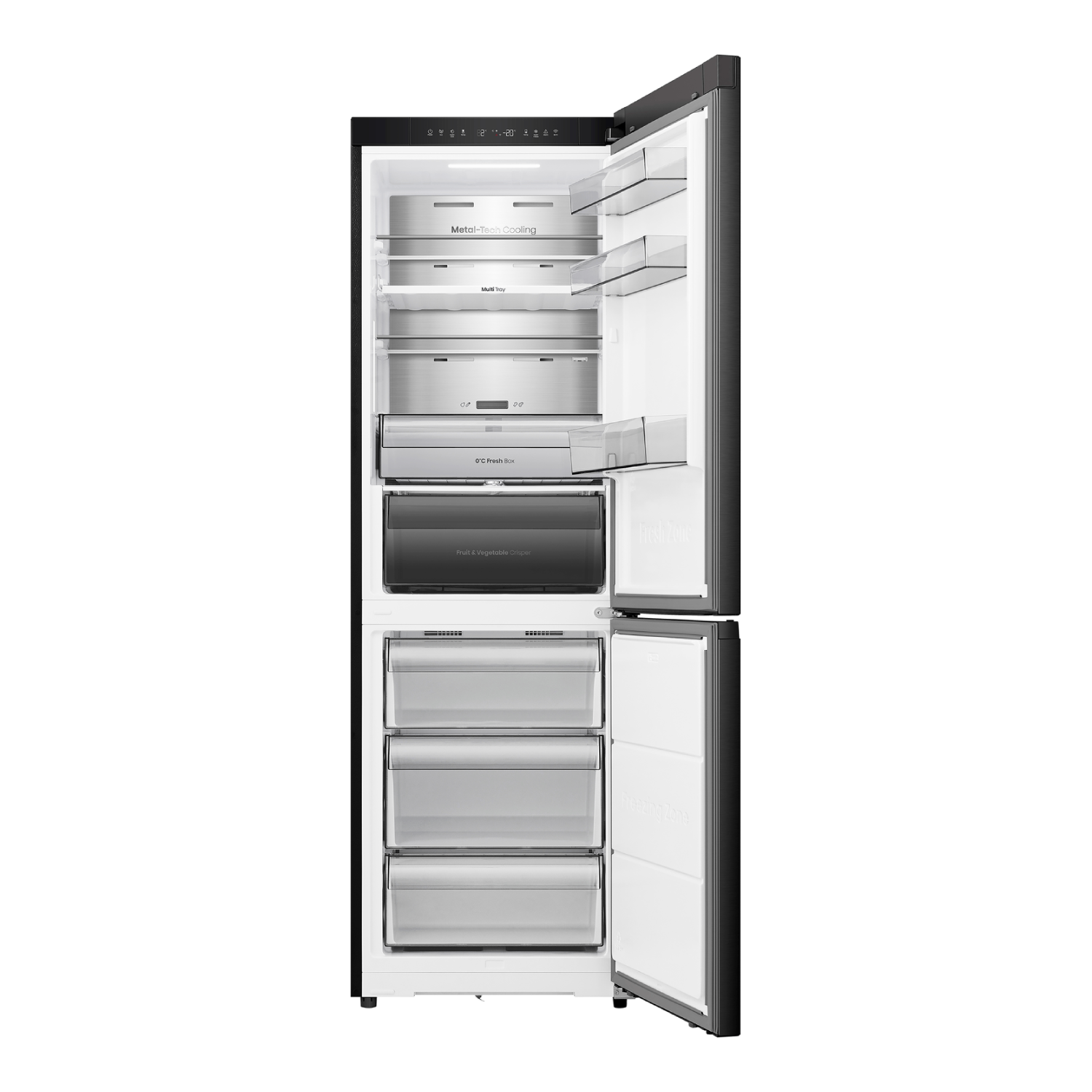 Open zwarte koelkast met meerdere planken en lades. Labels zoals 'Metal-Tech Cooling' en '0°C Fresh Box' zijn zichtbaar.