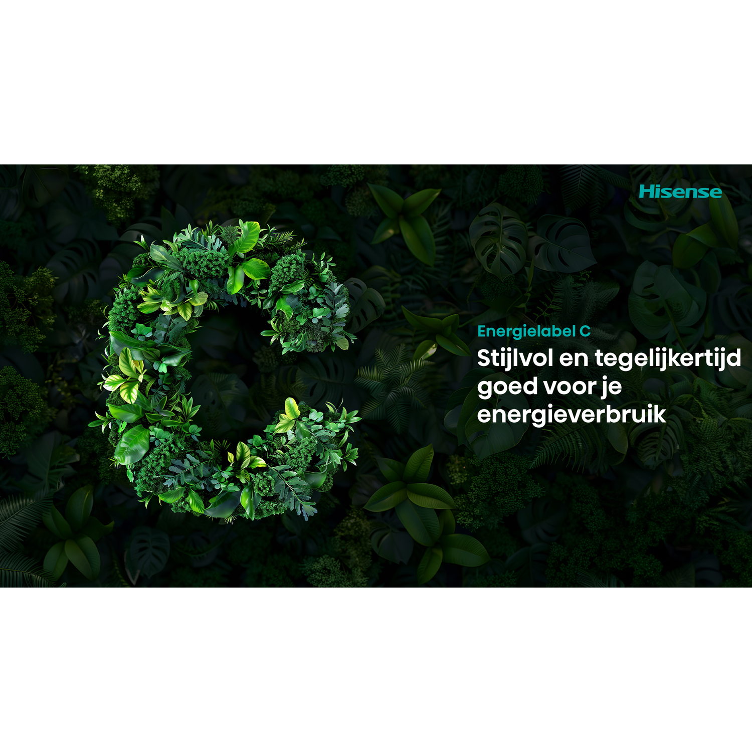 Een 'C' gemaakt van groen gebladerte tegen een donkergroene achtergrond van bladeren. Het Hisense-logo staat rechtsboven.