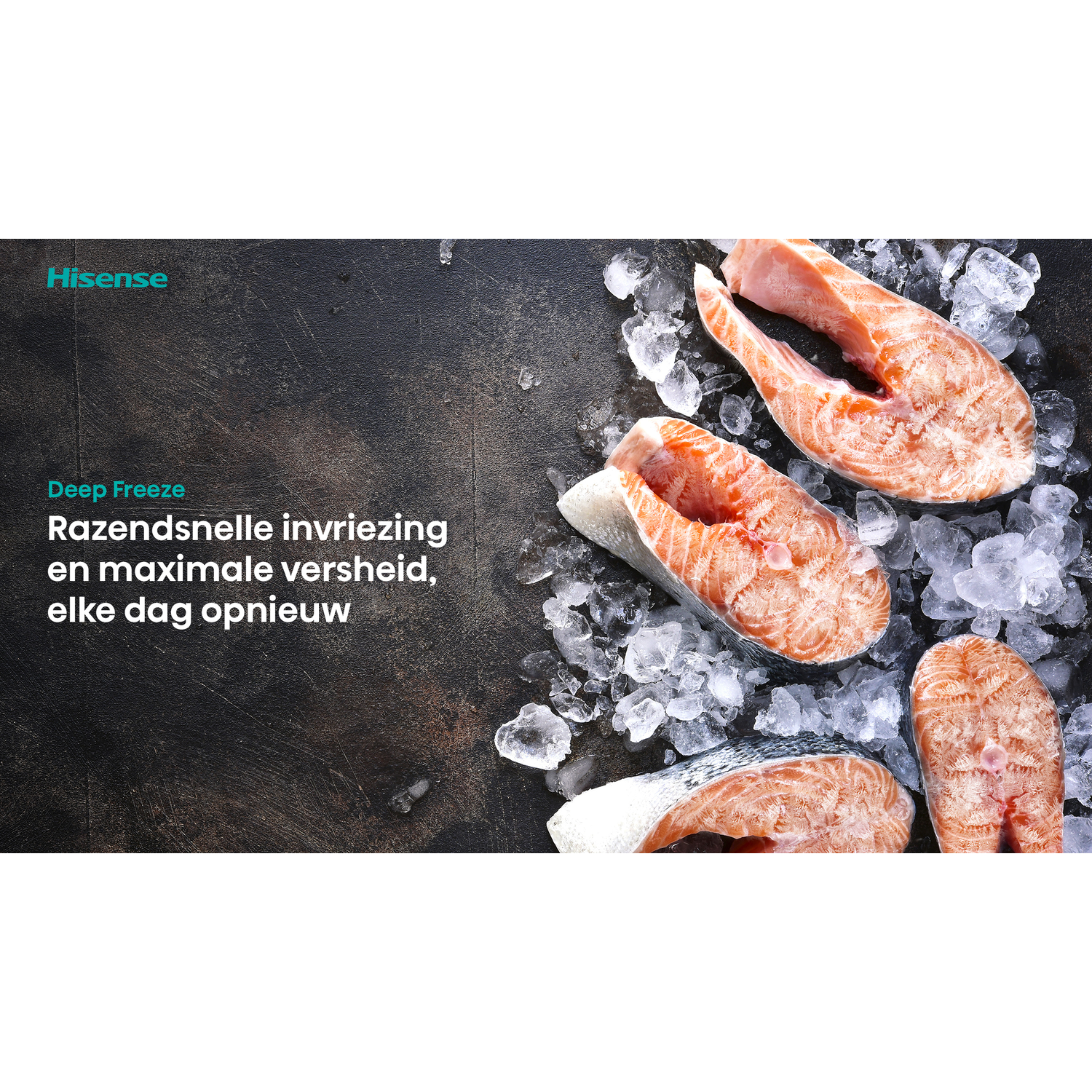 Zalmsteaks op ijs. De afbeelding is voor een Hisense Deep Freeze-promotie. Donkere achtergrond met tekst links.