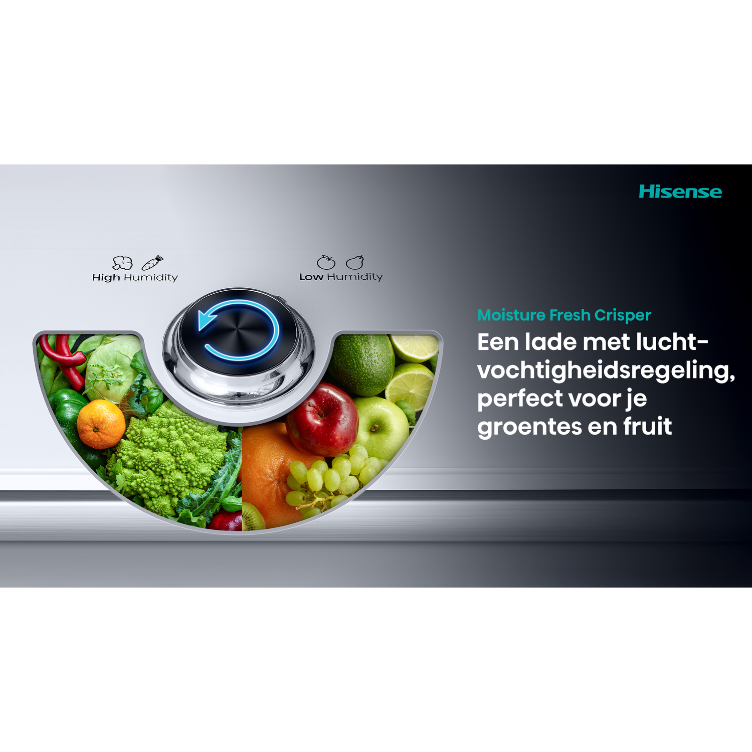 Afbeelding toont verse producten in een lade met vochtregeling. Bevat fruit en groenten. Tekst: Moisture Fresh Crisper, van Hisense.