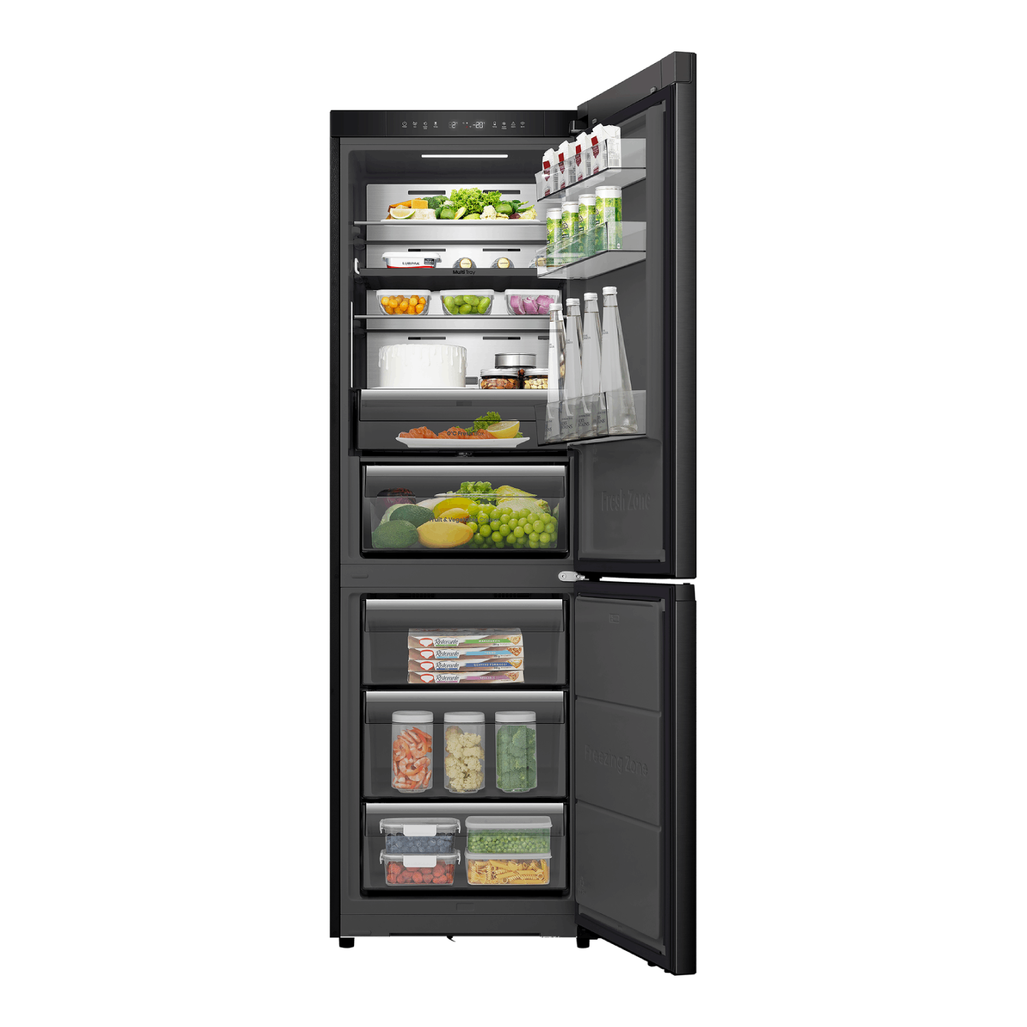 A black refrigerator with the door open, revealing shelves of food and drinks. Fruits, vegetables, and packaged items are visible.