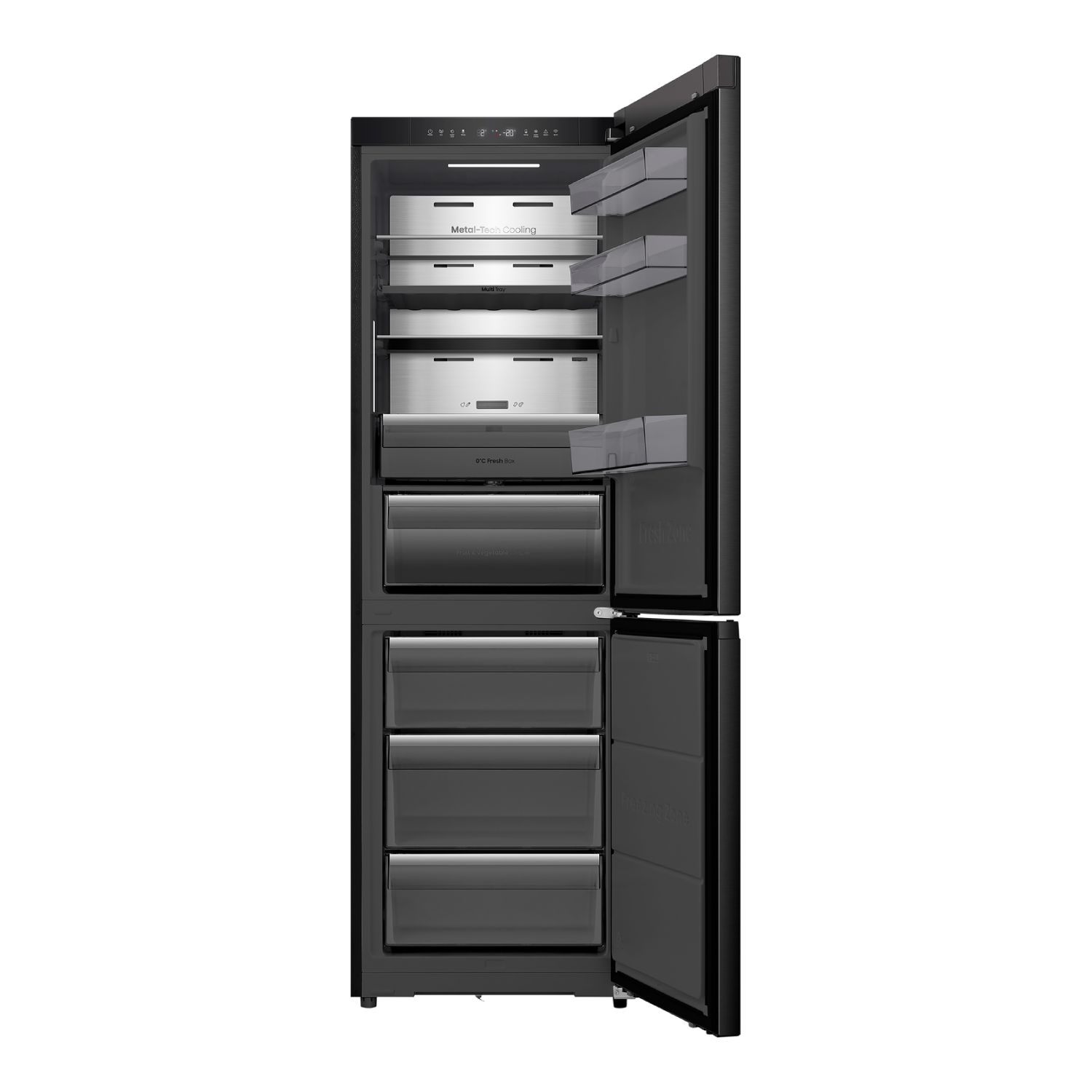 A black refrigerator with an open door. Inside, there are shelves, drawers, and compartments labeled for different food types.