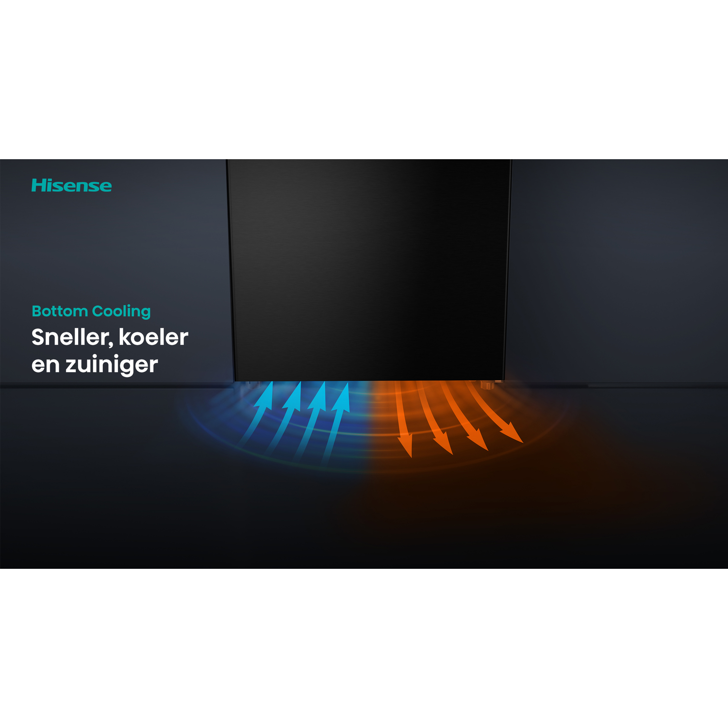 Hisense ad showing bottom cooling with blue and orange arrows. Text says 'Bottom Cooling, faster, cooler and more efficient'.