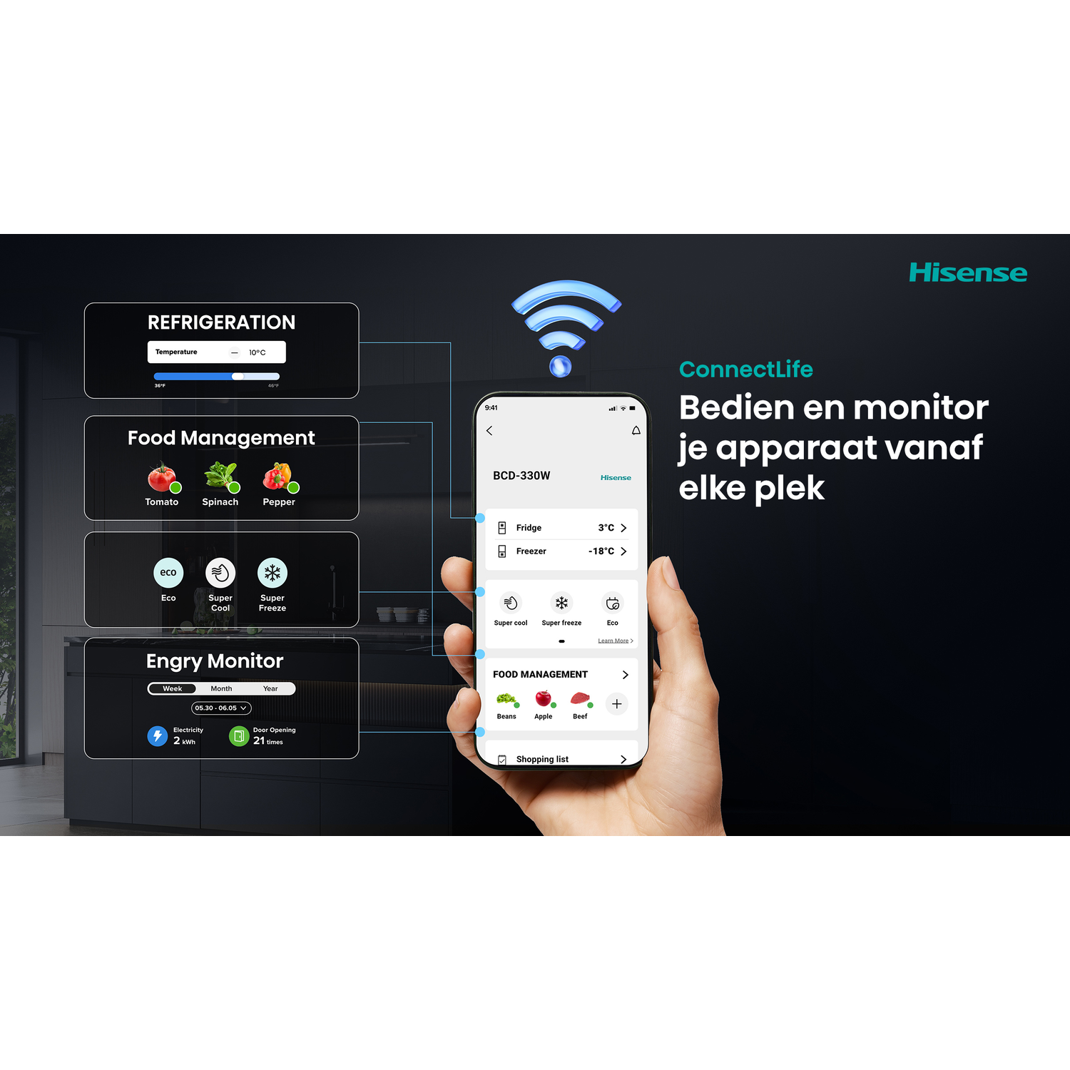 A hand holds a phone showing a fridge app. The fridge graphic shows food management, energy monitor, and temperature settings.