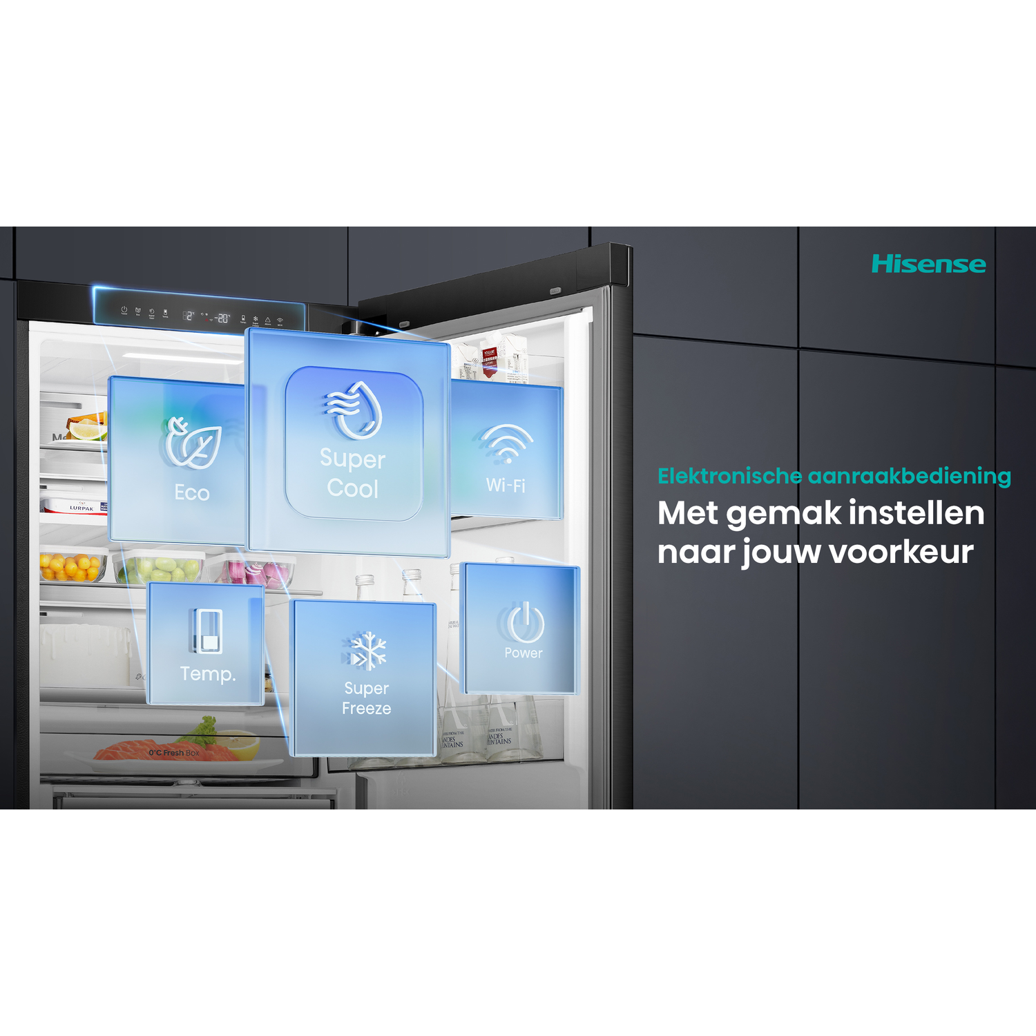A Hisense refrigerator with touch controls. Displays Eco, Super Cool, Wi-Fi, Temp, Super Freeze, and Power icons. Food visible inside.