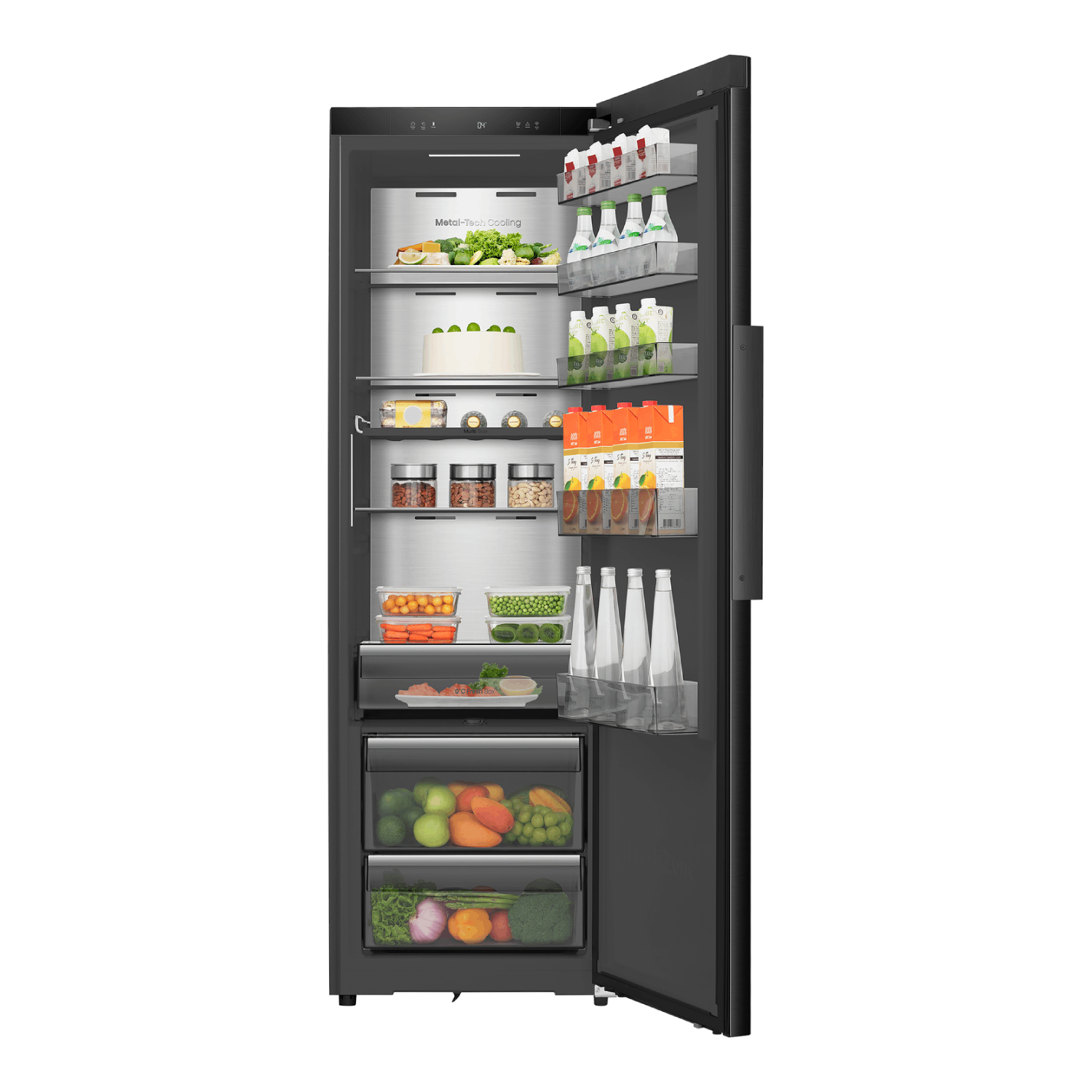Open black refrigerator filled with food items. Fruits, vegetables, drinks, and a cake are visible on shelves.
