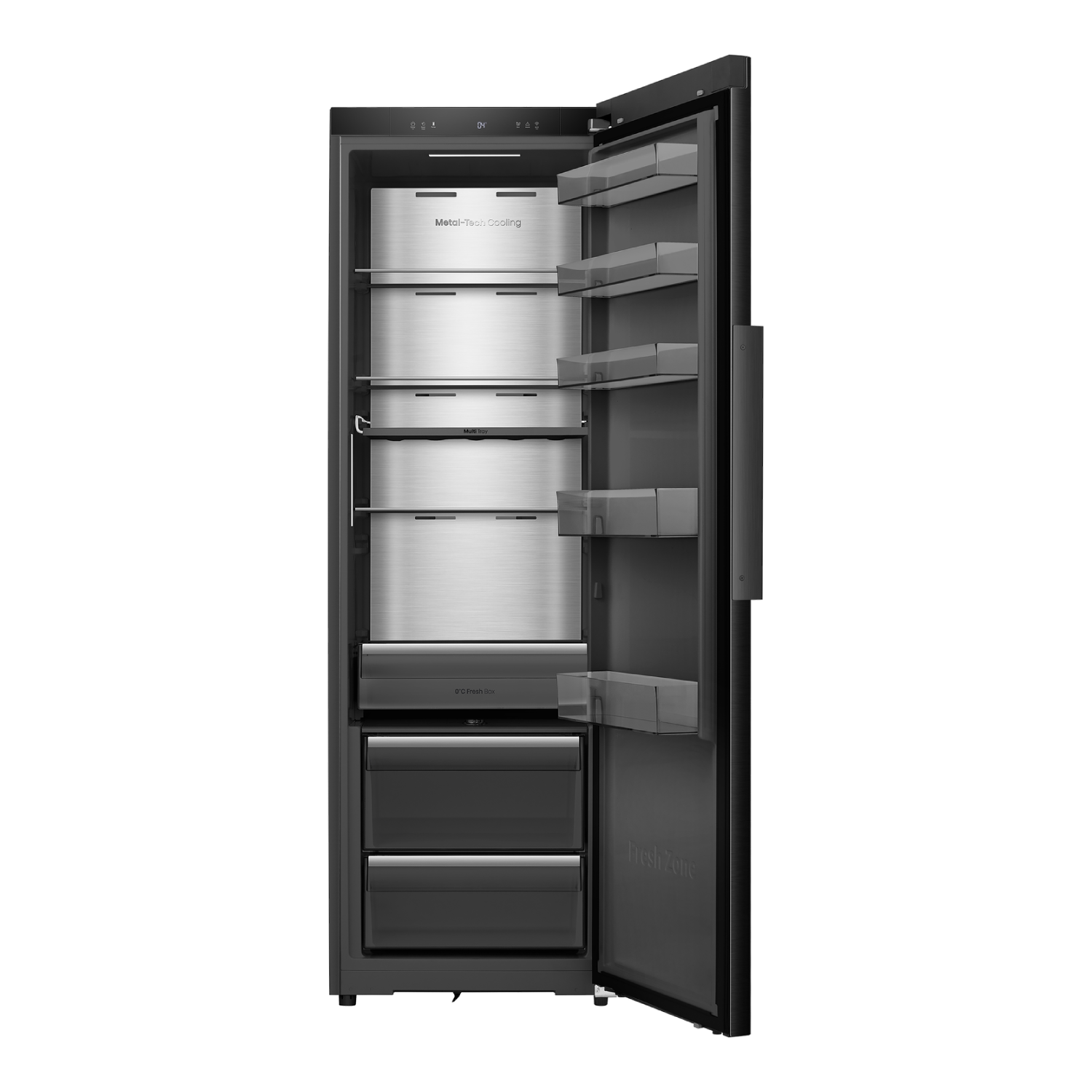 A black refrigerator with the door open. It has shelves, drawers, and a metal interior. Labels read: Metal-Tech Cooling, 0°C Fresh Box.