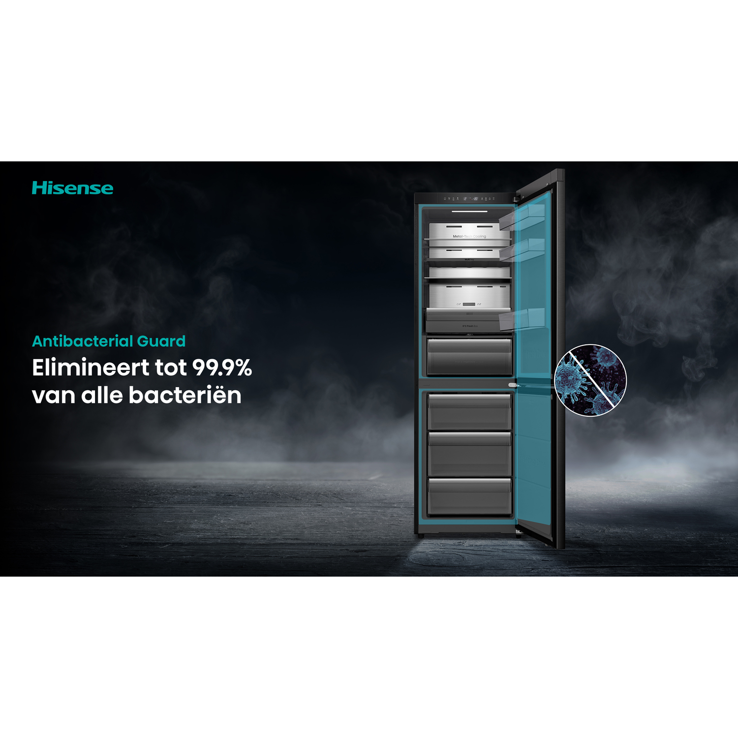 A Hisense refrigerator with an open door, showing shelves and drawers. Text says it eliminates 99.9% of bacteria. A virus illustration is shown.