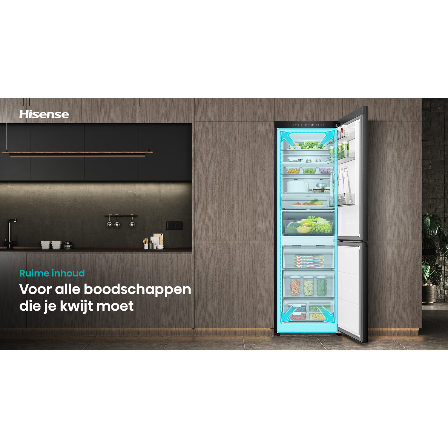 A Hisense refrigerator is open, showing food inside. It stands in a modern kitchen with dark cabinets and wooden paneling.