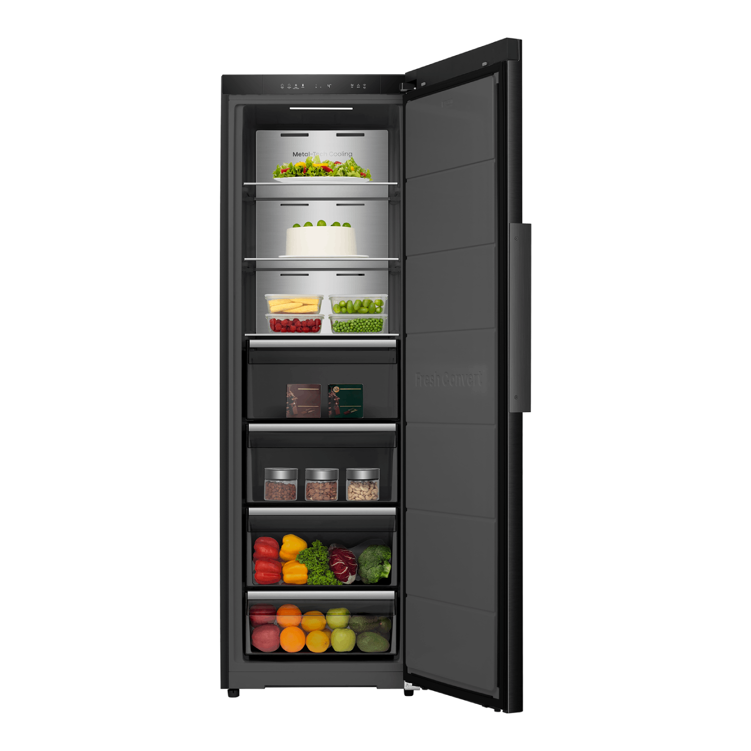 Open black refrigerator filled with food. Includes vegetables, fruits, cake, and jars. The door is open, showing the interior.
