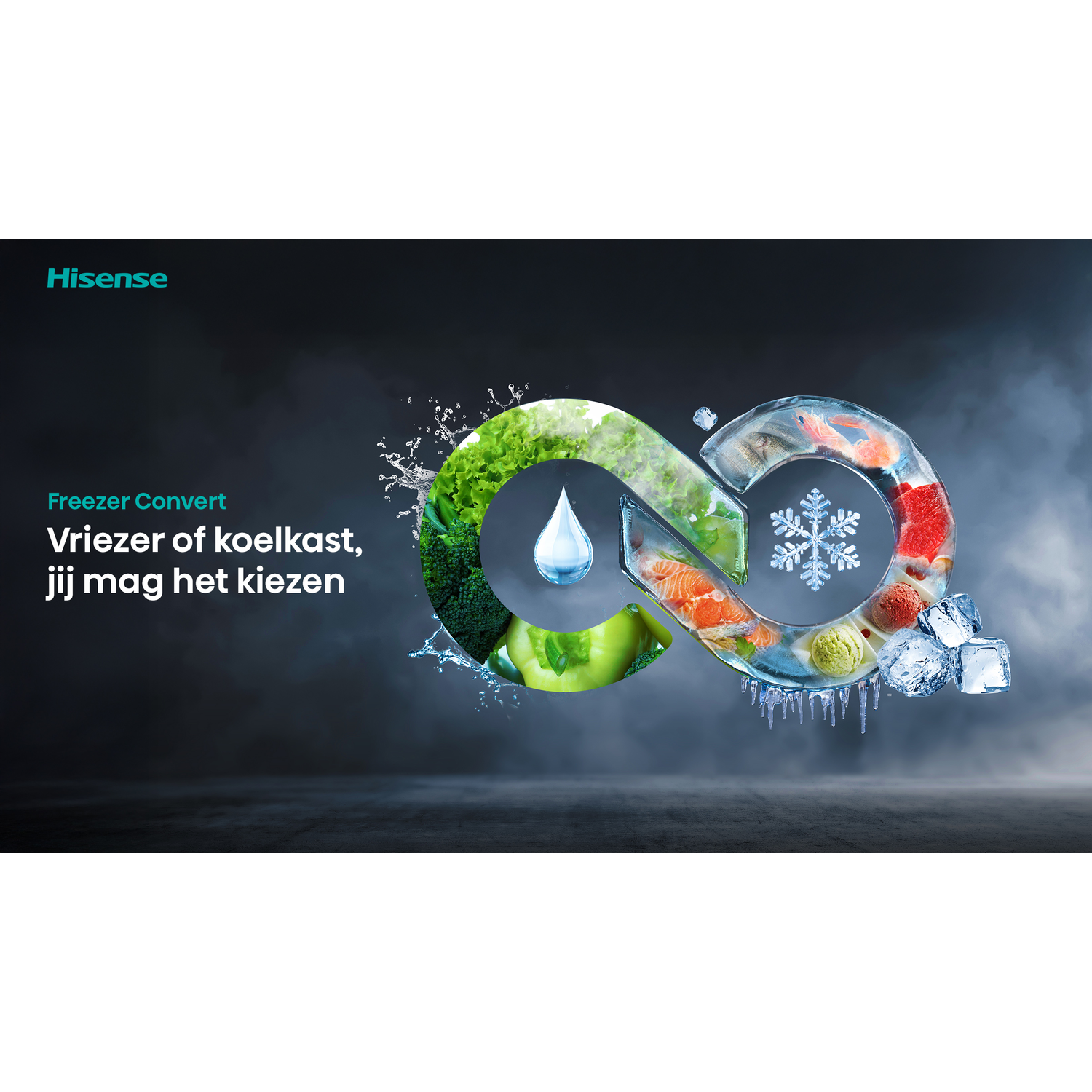An ad for a Hisense freezer. It shows vegetables, fish, and ice cream inside a freezer shape. A water drop is in the center.