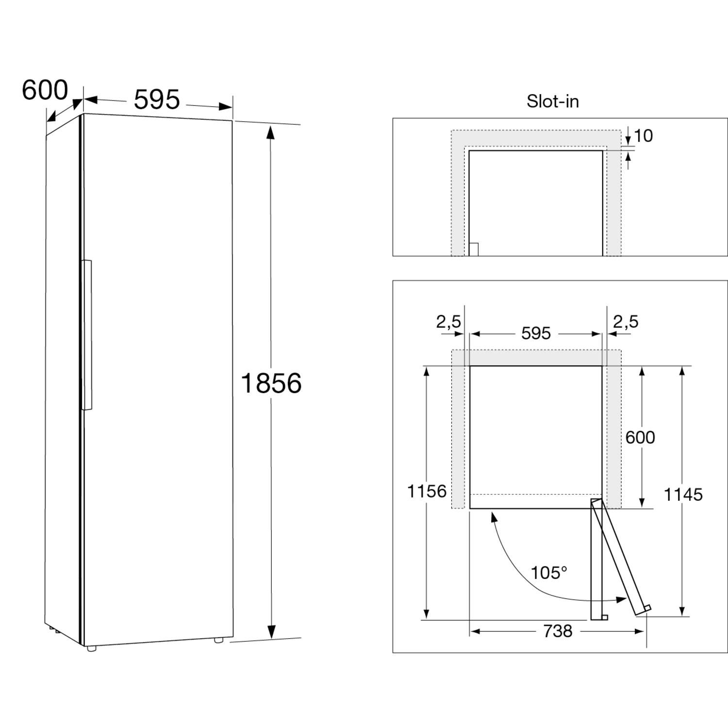 Diagram of a refrigerator with dimensions in millimeters: height 1856, width 595, depth 600. Includes a slot-in detail.