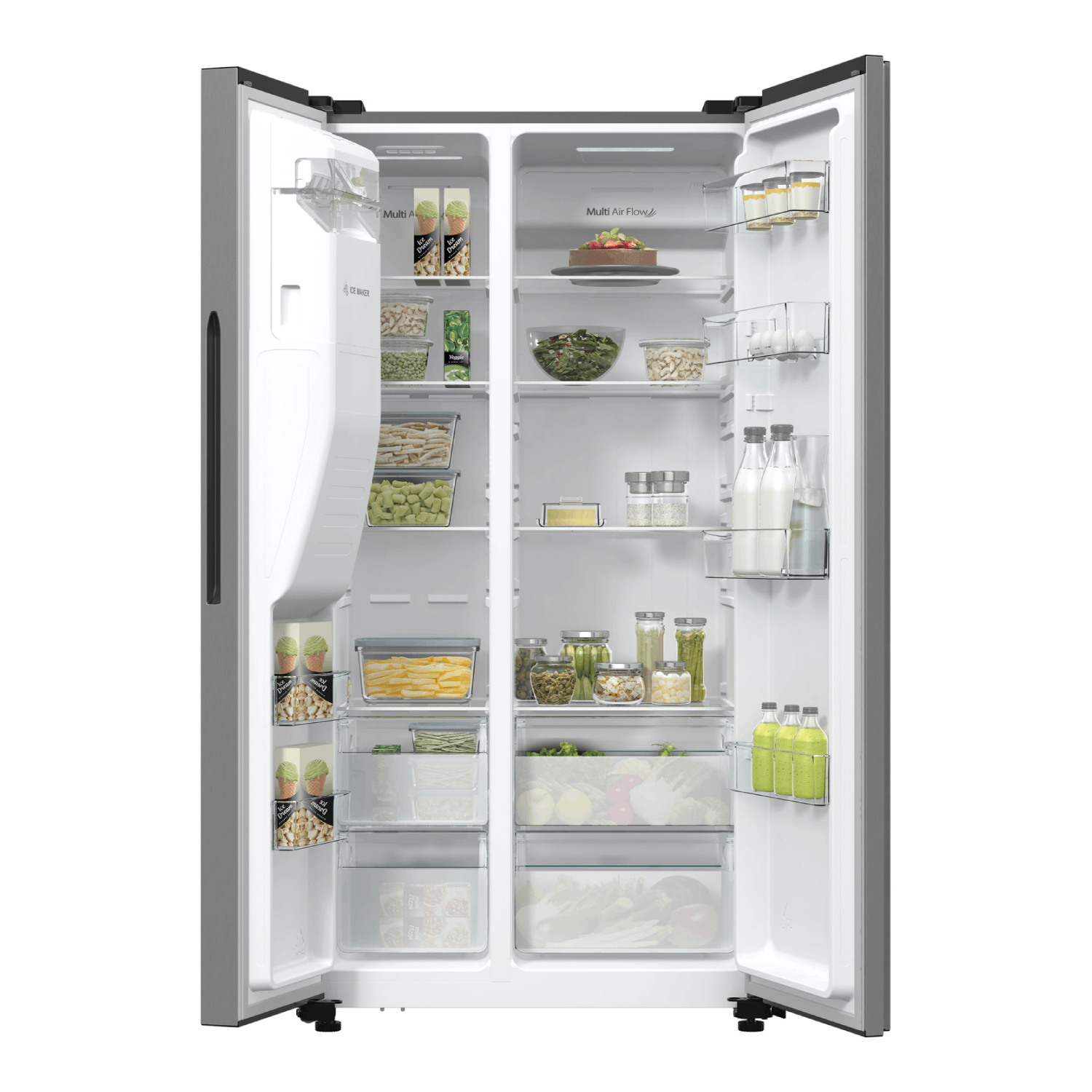 An open refrigerator is filled with food items like ice cream, vegetables, jars, and bottles. It has a silver exterior and white interior.