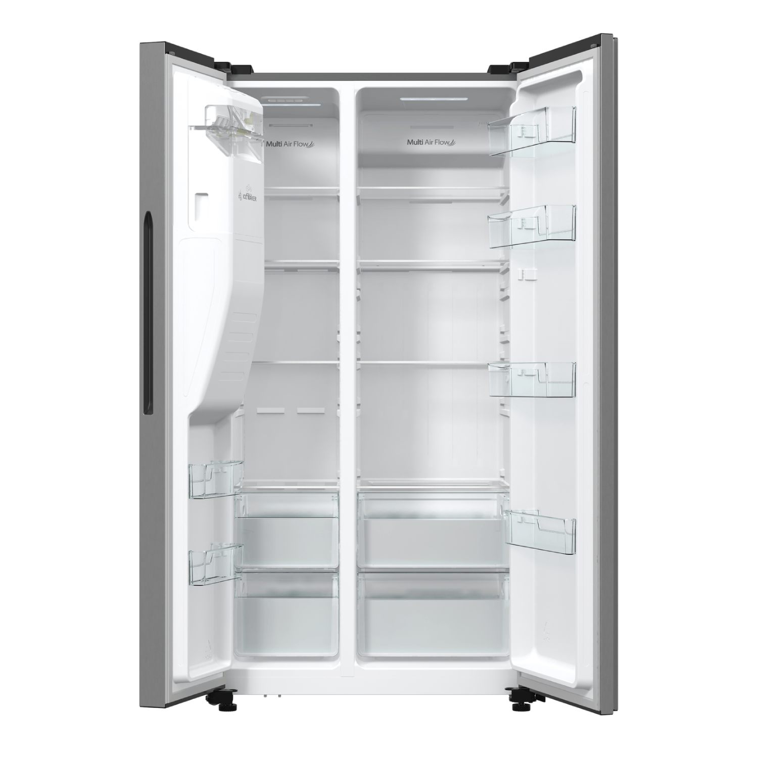 An open, empty, stainless steel refrigerator with two doors. It has glass shelves and drawers inside. The background is white.