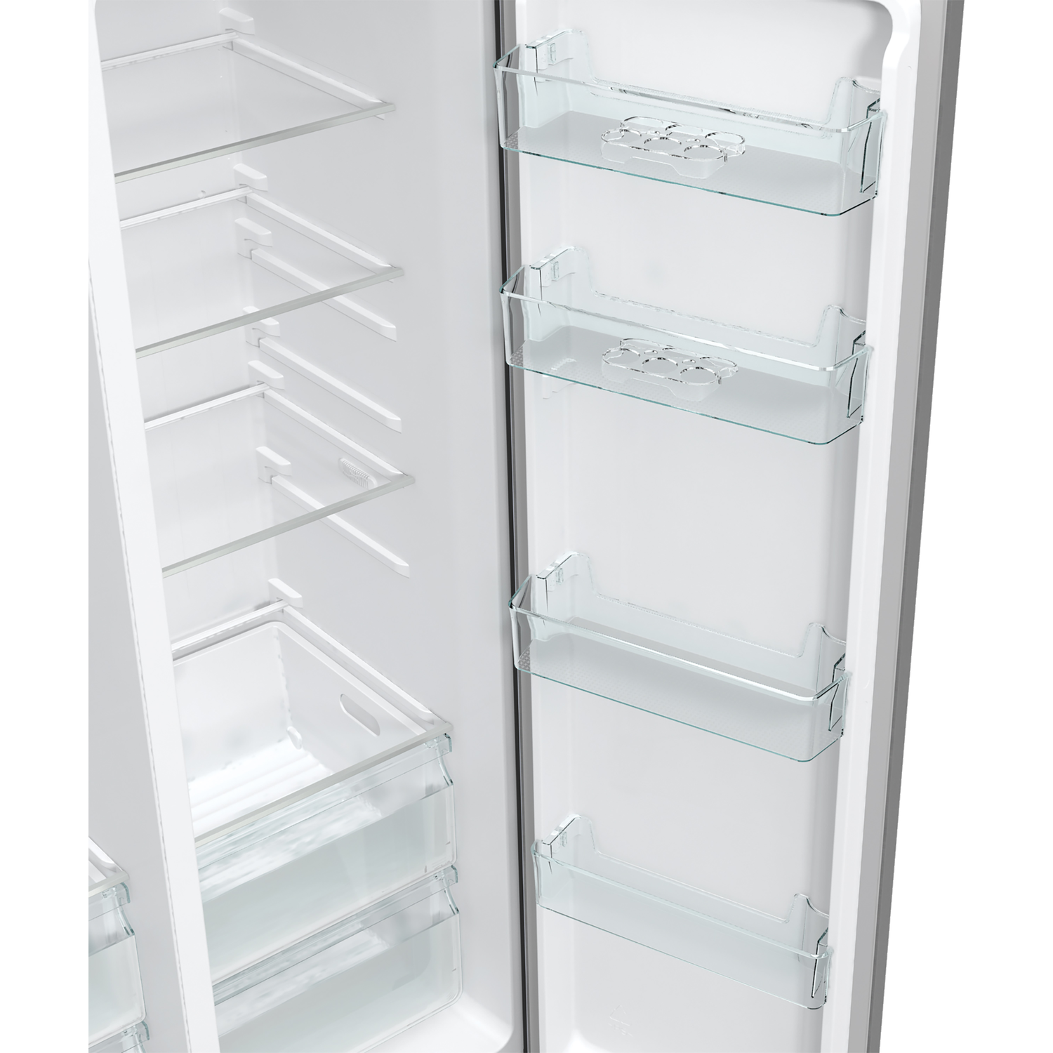 Empty refrigerator interior. Glass shelves and door compartments are visible. White interior with clear plastic containers and shelves.