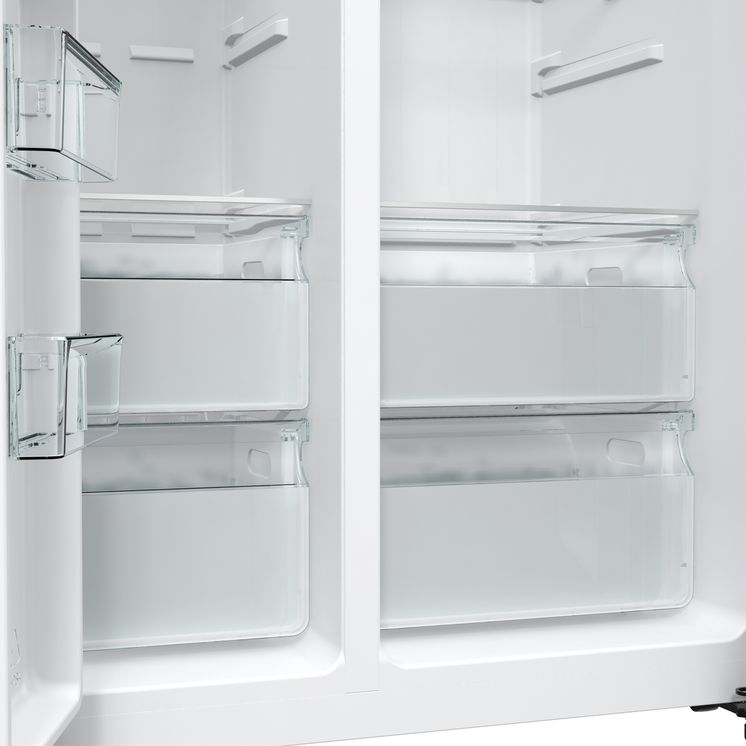 Open white refrigerator interior with transparent drawers and shelves. The left door is open, revealing storage space.