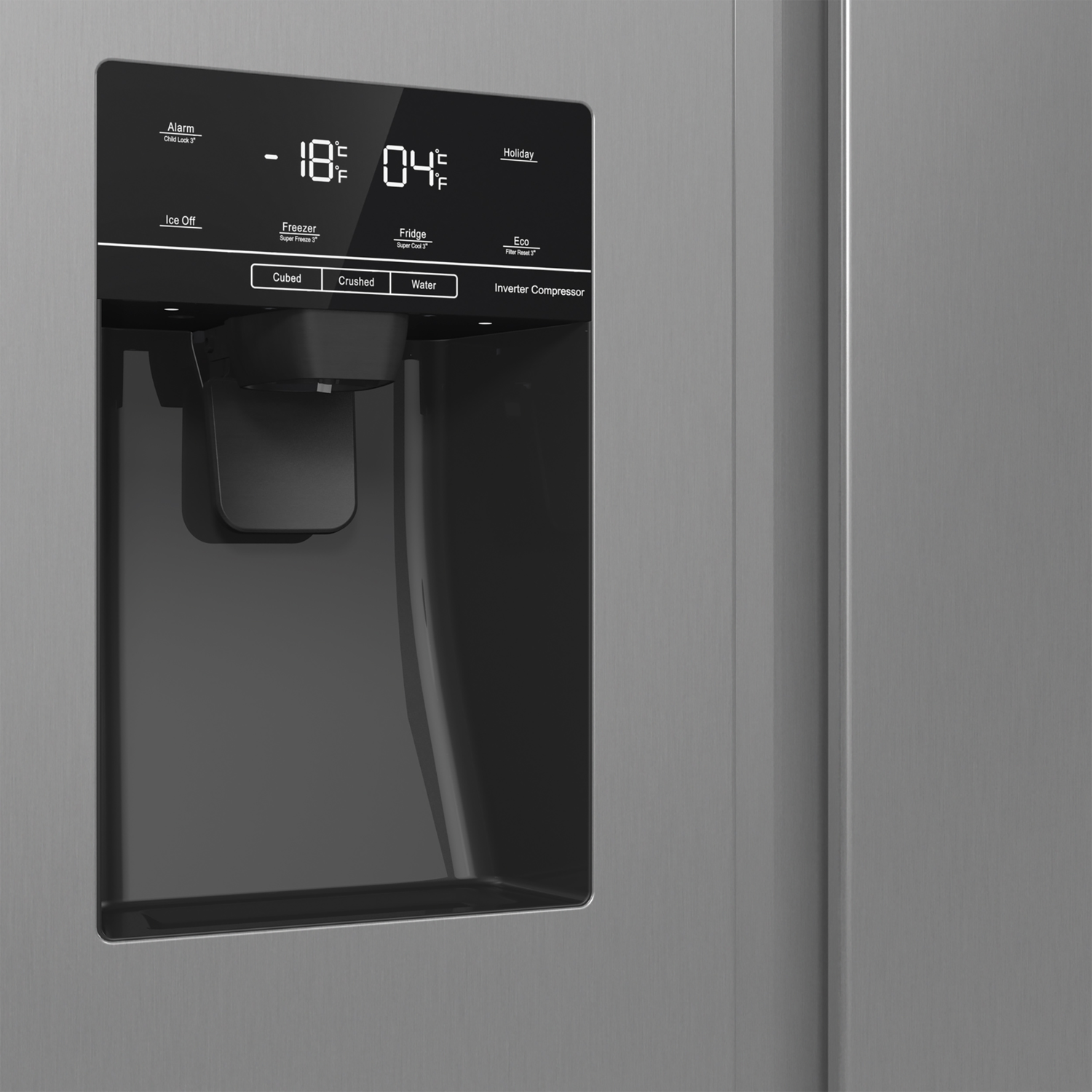 A refrigerator display shows -18°F and 04°F. Buttons for ice, water, and settings are visible. The stainless steel exterior is also visible.