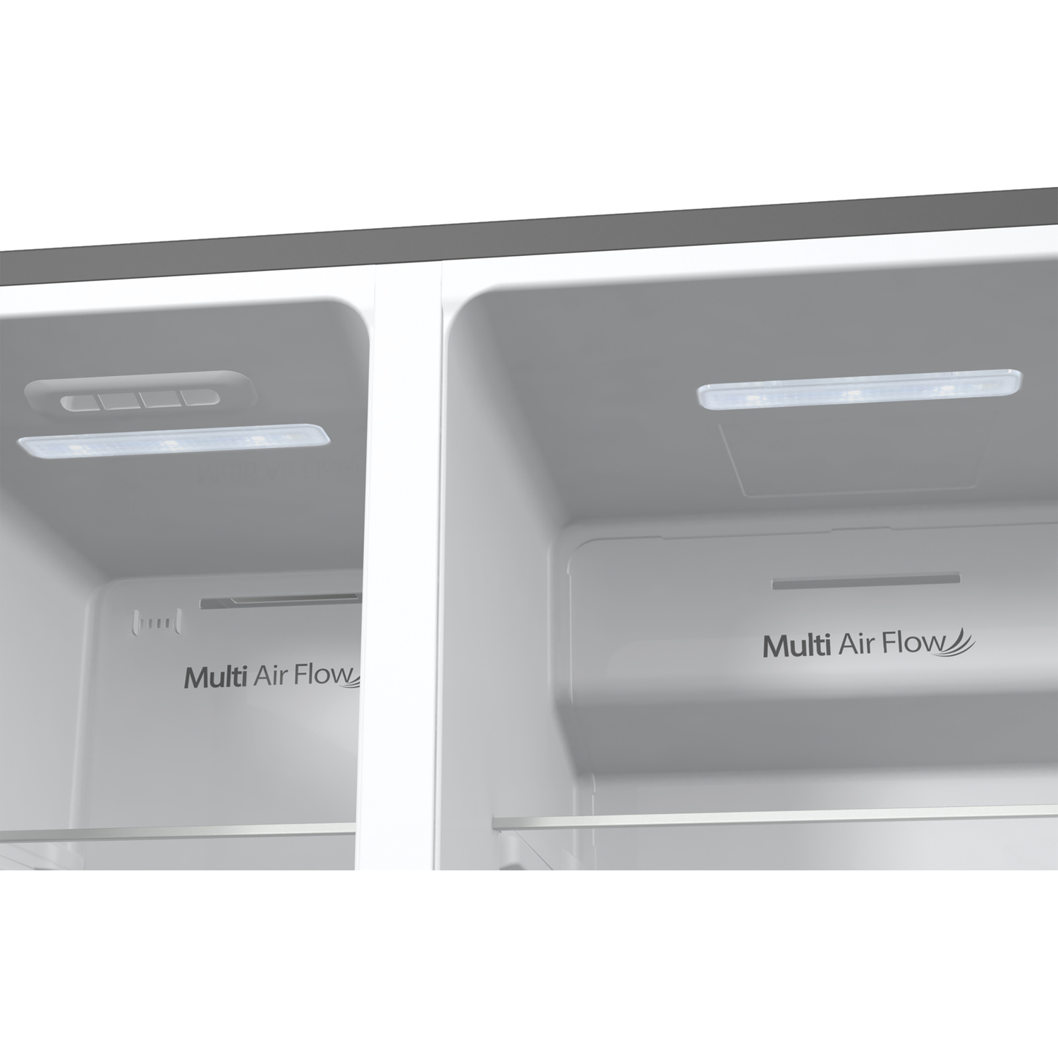 Inside of a white refrigerator, with two compartments. Each side has a light. The words Multi Air Flow are visible.