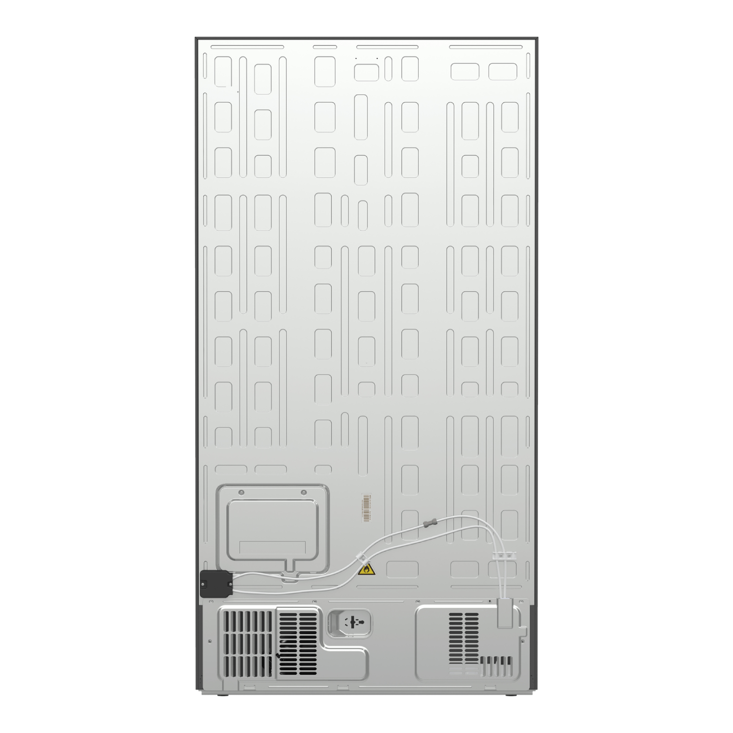 Back of a silver refrigerator. It has a textured metallic surface with various vents, a power outlet, and a warning label.