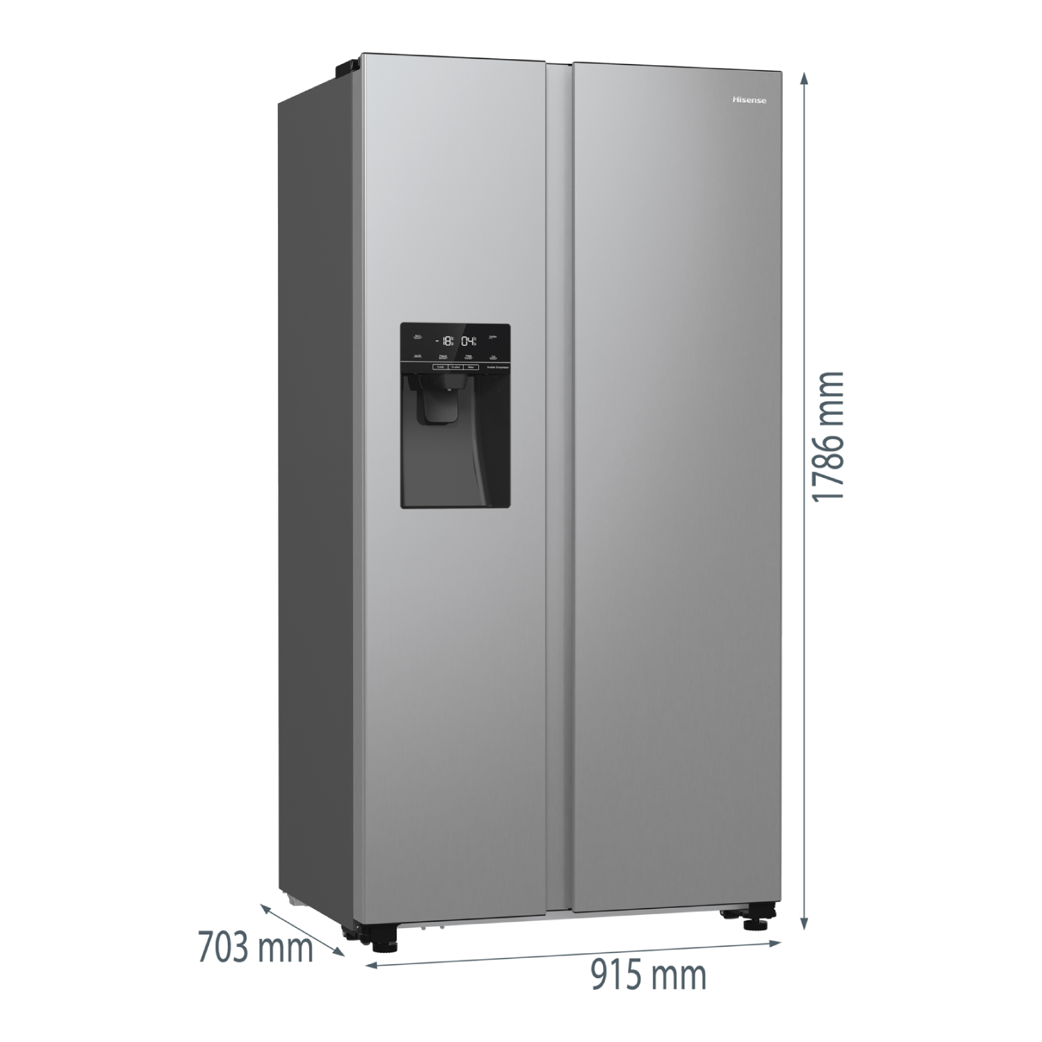 A silver Hisense refrigerator. It has two doors, a water dispenser, and dimensions labeled: 1786 mm high, 915 mm wide, and 703 mm deep.
