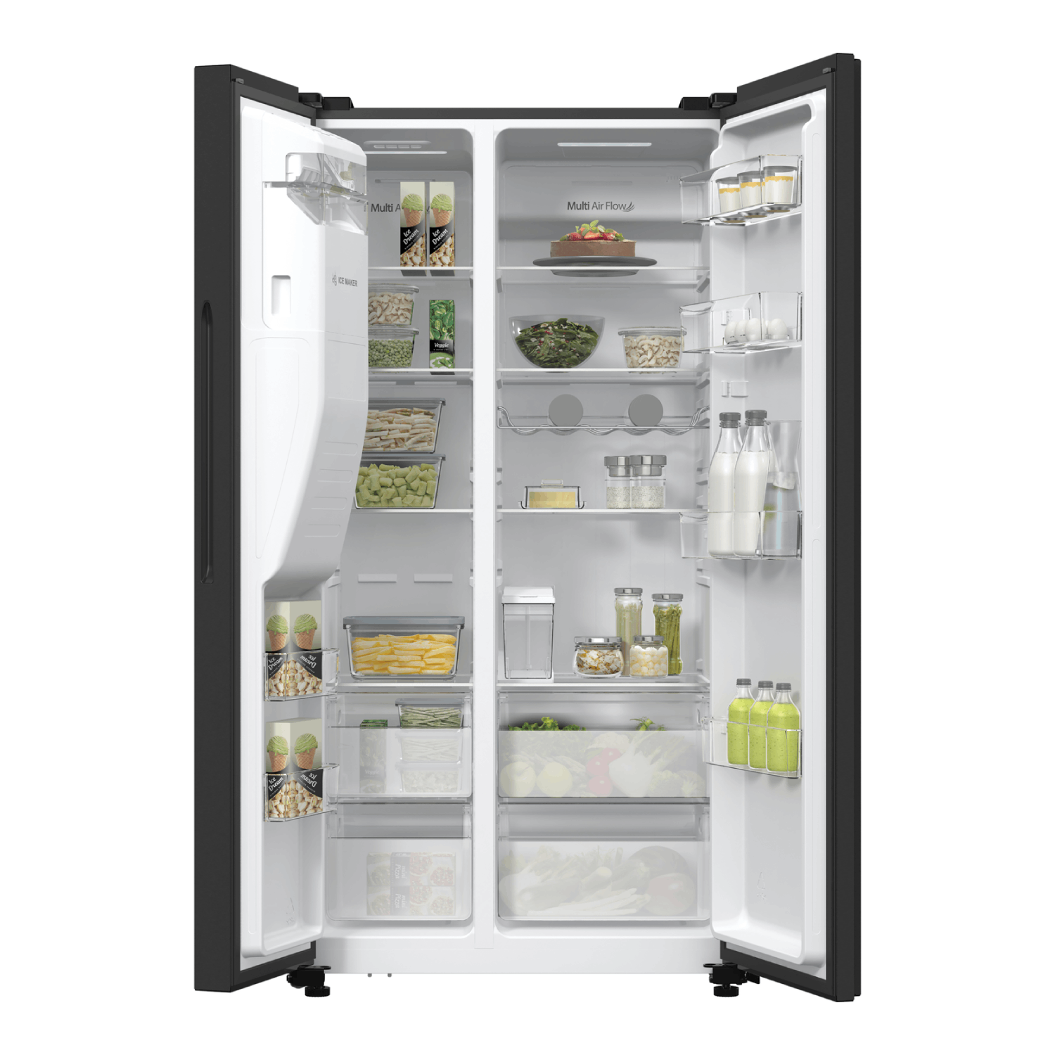 Open black refrigerator with food inside. Includes ice cream, cake, vegetables, and drinks.