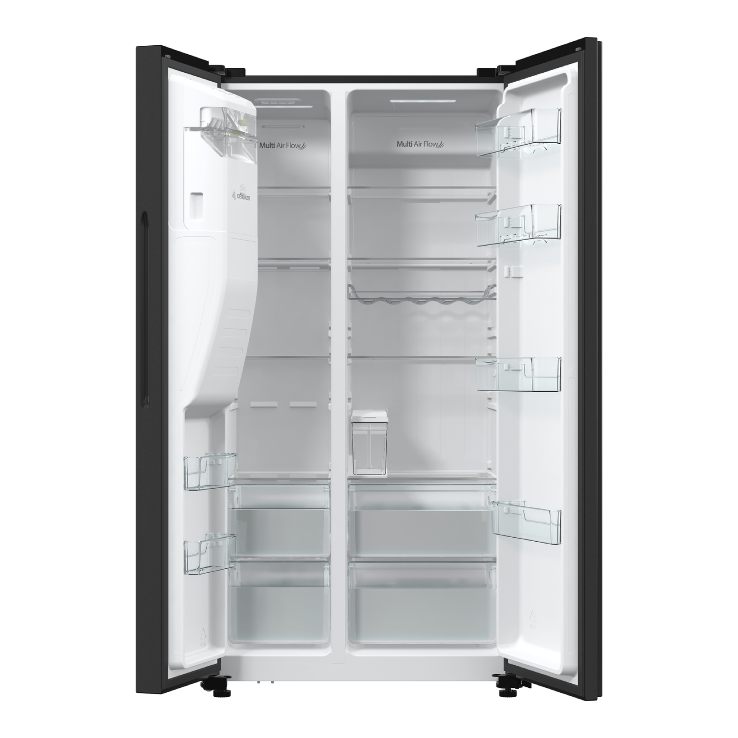 An open black refrigerator with white interior. Shelves and compartments are visible. Multi Air Flow is written in the fridge.