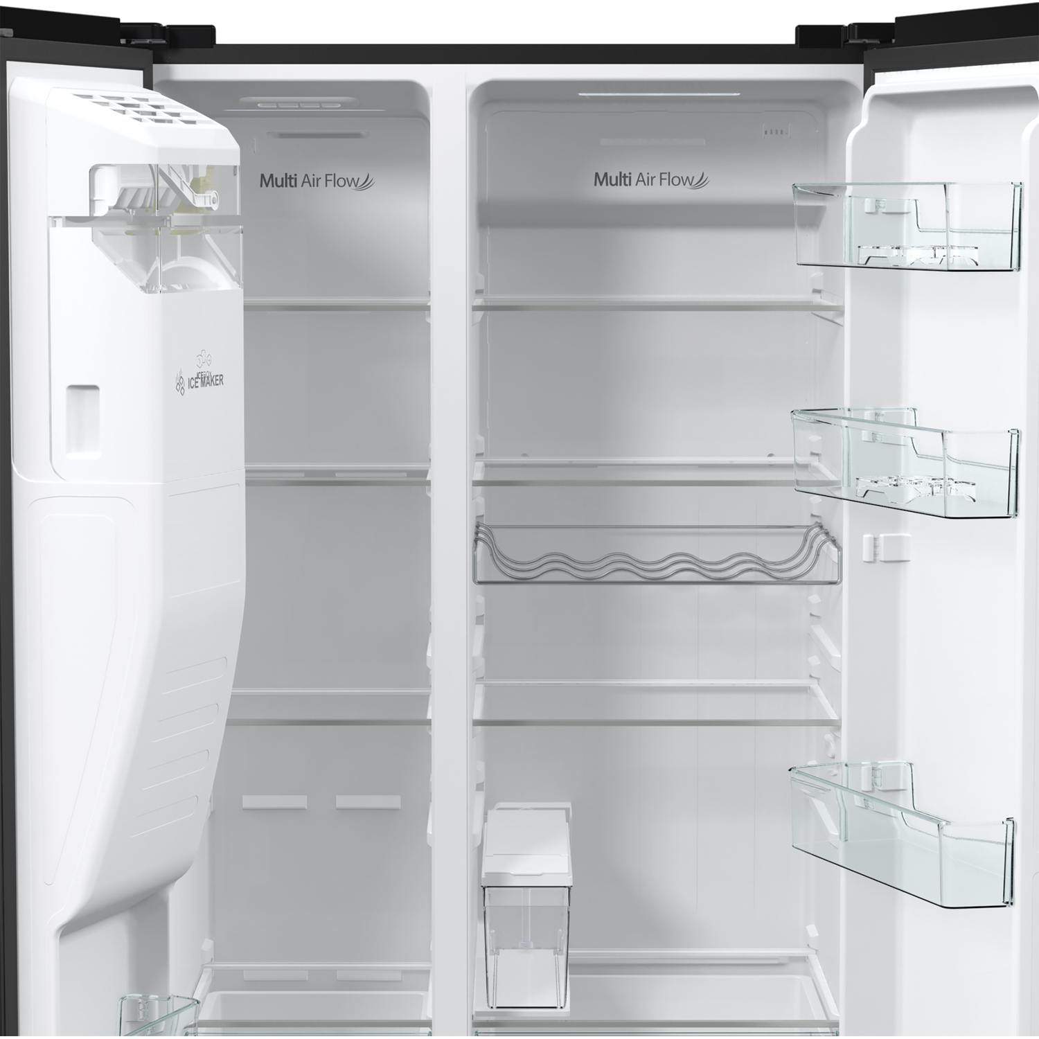 Open refrigerator interior. White interior with shelves, drawers, and an ice maker. Empty, with a "Multi Air Flow" label.