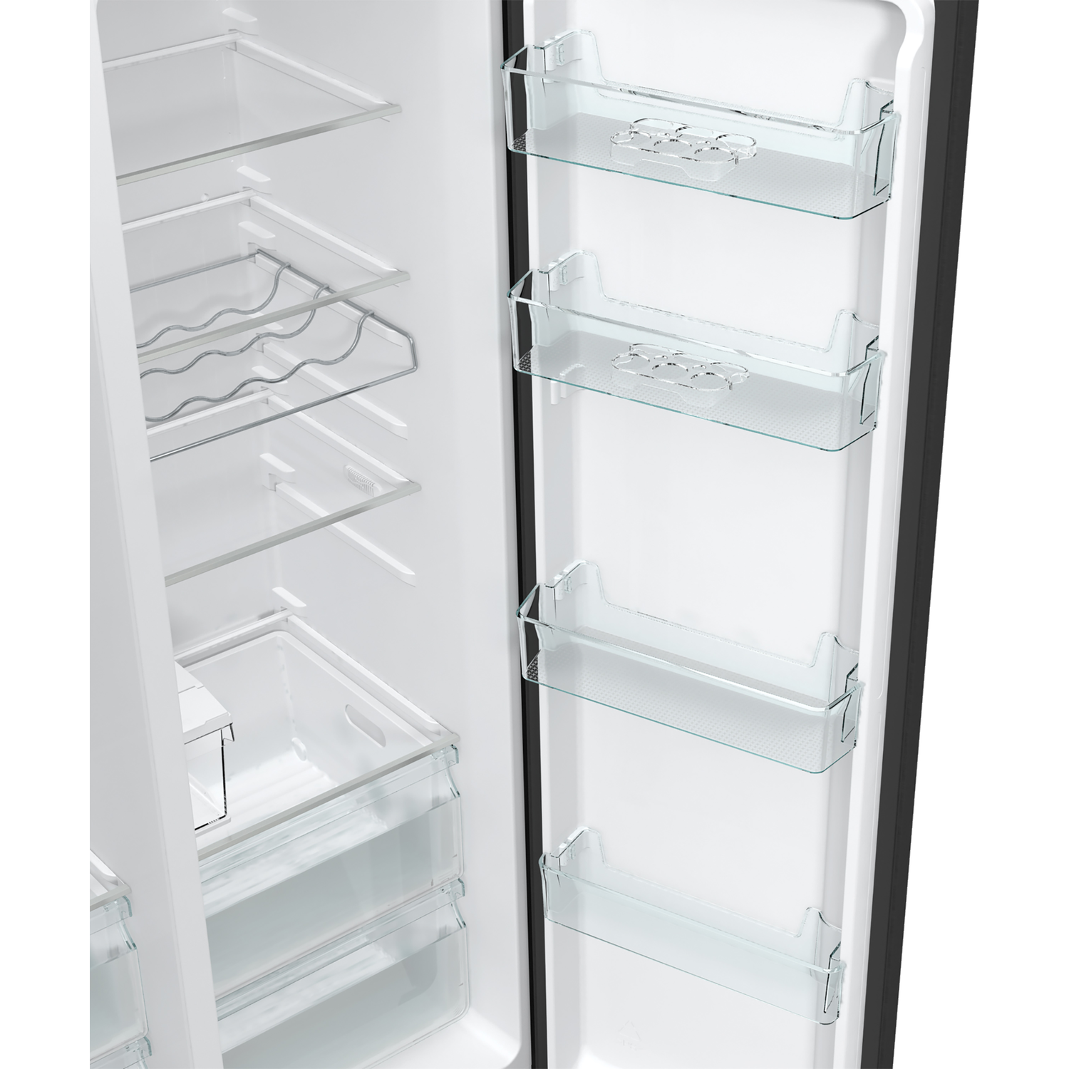 Open refrigerator interior with glass shelves and door compartments. Wine rack and clear storage bins are visible.