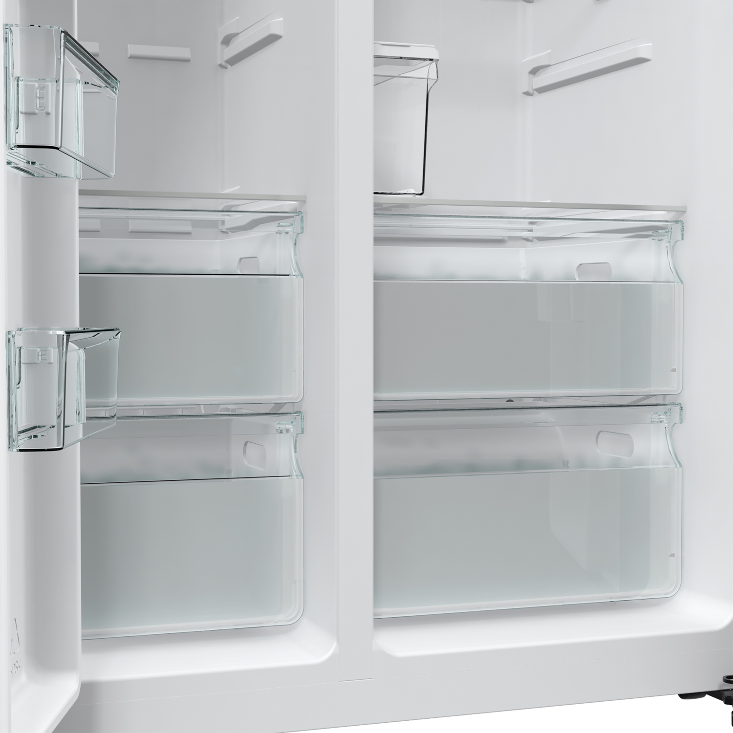 Open, empty white refrigerator interior. Contains transparent drawers and shelves. Light reflects off the smooth surfaces.
