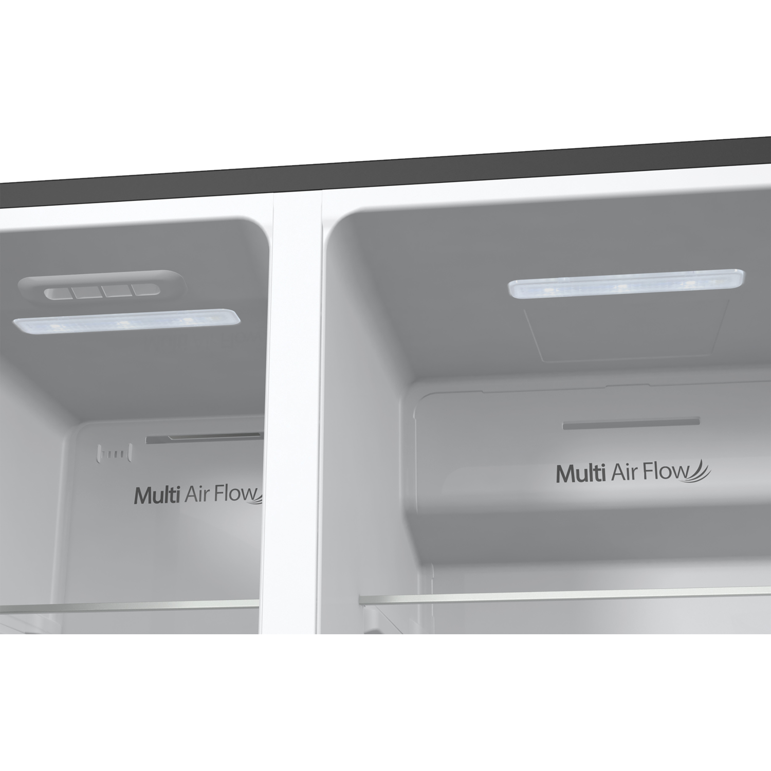 Inside of a white refrigerator with lights and 'Multi Air Flow' text. A close-up view of the fridge's interior.