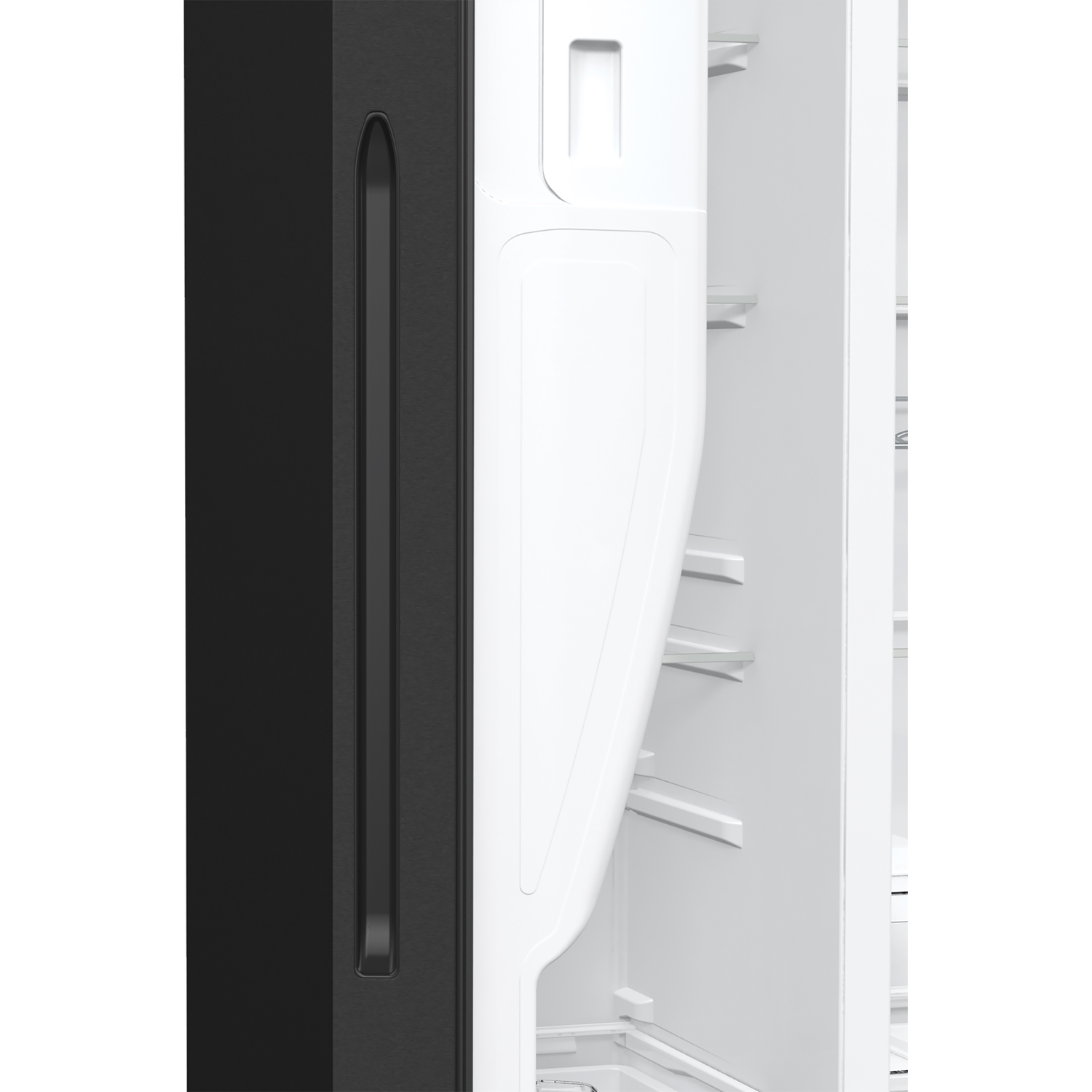Close-up of a refrigerator door. Black exterior with a recessed handle on the left. White interior with shelves visible on the right.