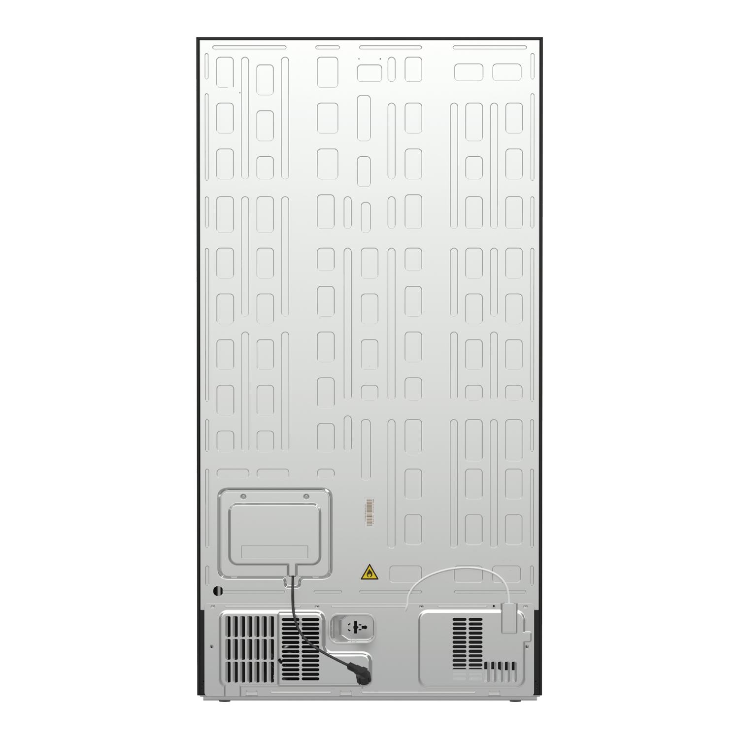 Back of a white refrigerator with black borders. It has vents, a power cord, and a warning symbol. The surface has a textured design.