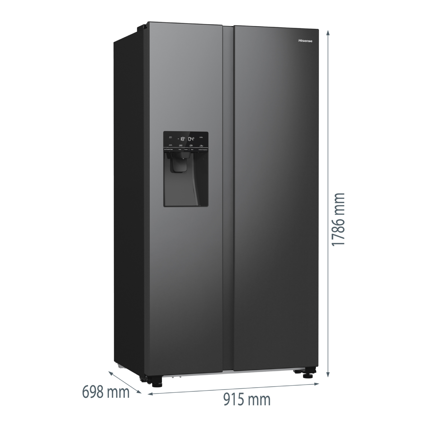 Black Hisense side-by-side refrigerator. Dimensions: 1786 mm high, 915 mm wide, 698 mm deep. Features water dispenser and digital display.