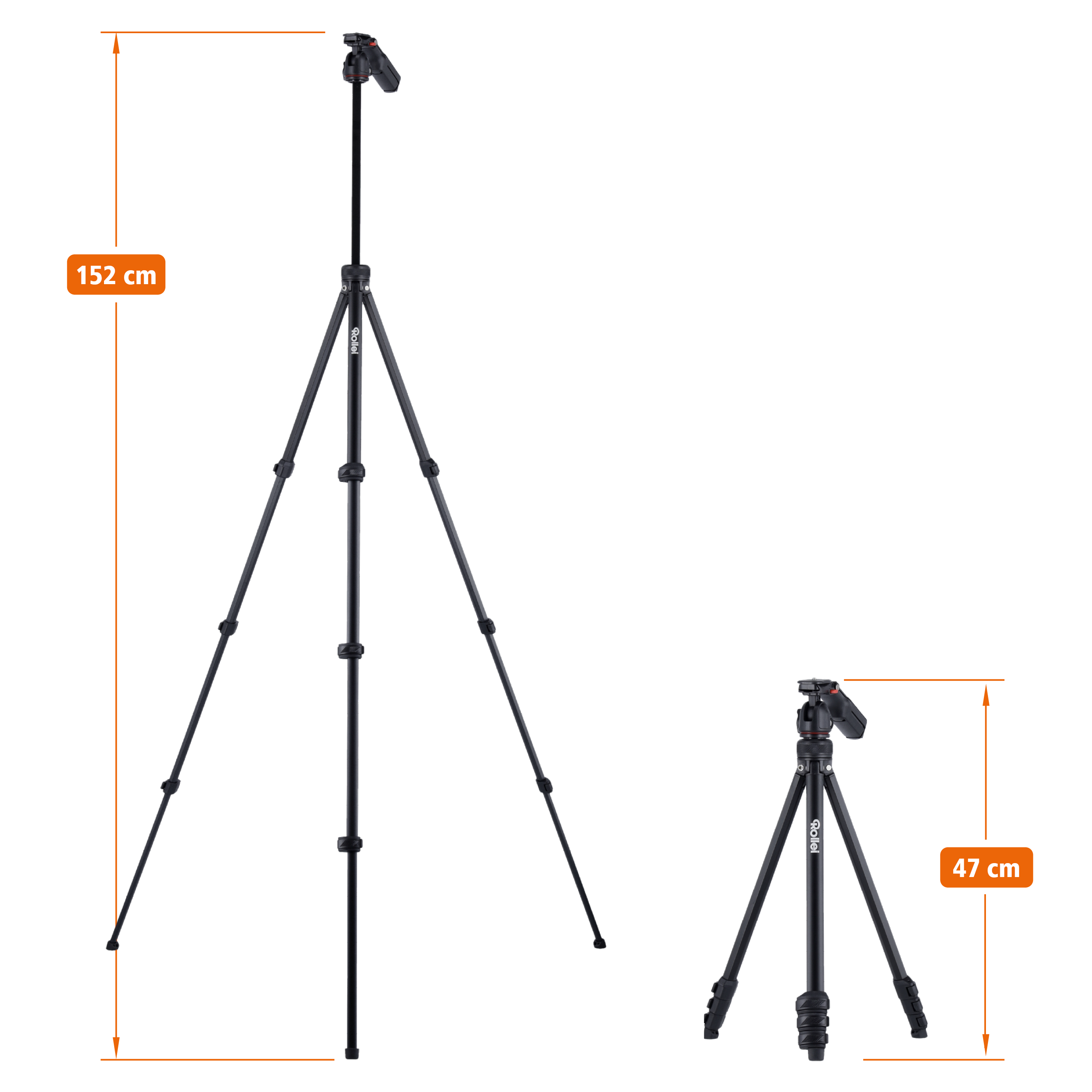 Zwei schwarze Stative. Eines ist 152 cm hoch, das andere 47 cm. Beide haben drei Beine und einen Kopf für eine Kamera.