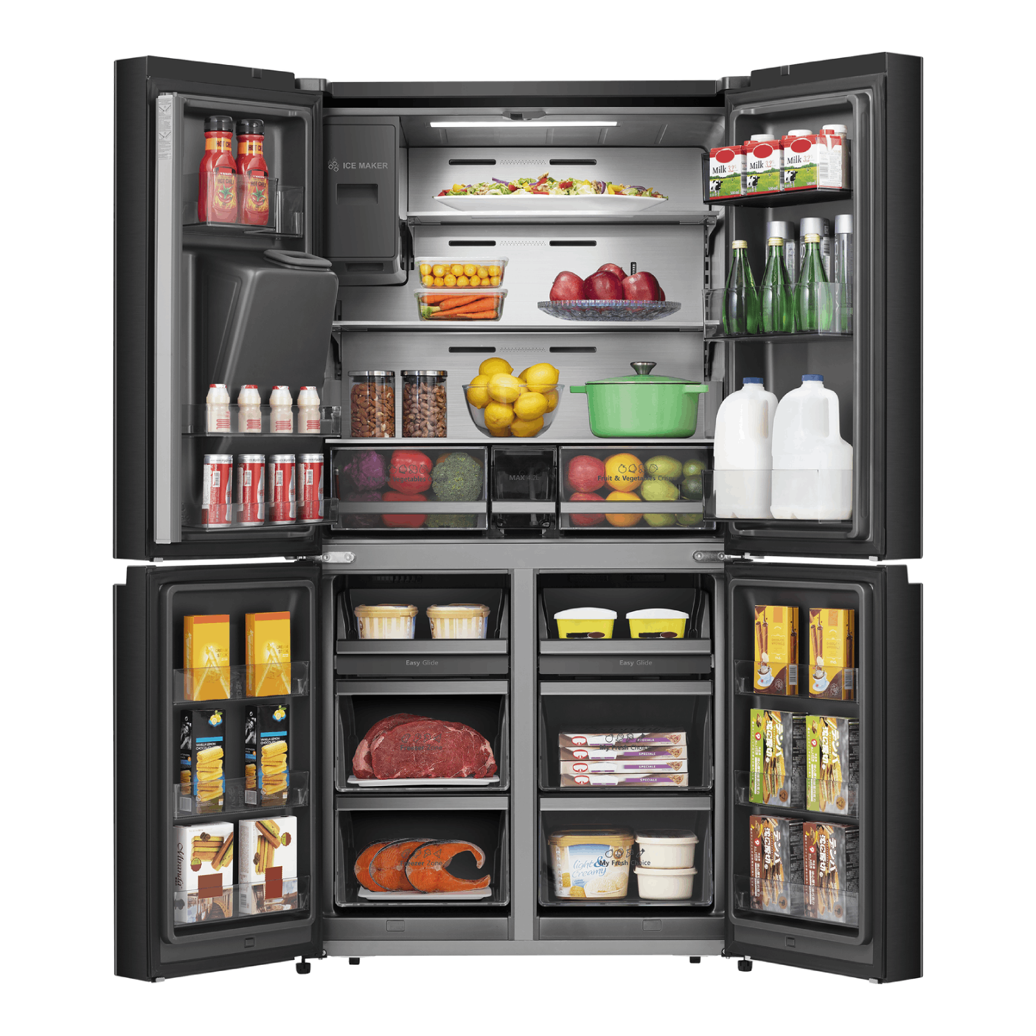 Open koelkast vol eten: fruit, groenten, melk, drankjes en vlees. De koelkast is zwart, met meerdere compartimenten.