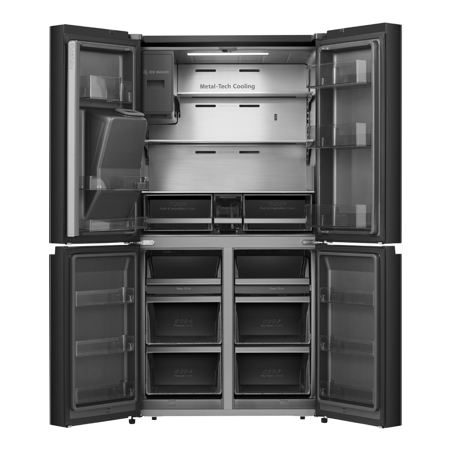 Een zwarte, open koelkast toont compartimenten, laden en planken. Labels zijn onder andere 'Ice Maker', 'Fruit & Vegetables Crisper' en 'Freezer Zone'.