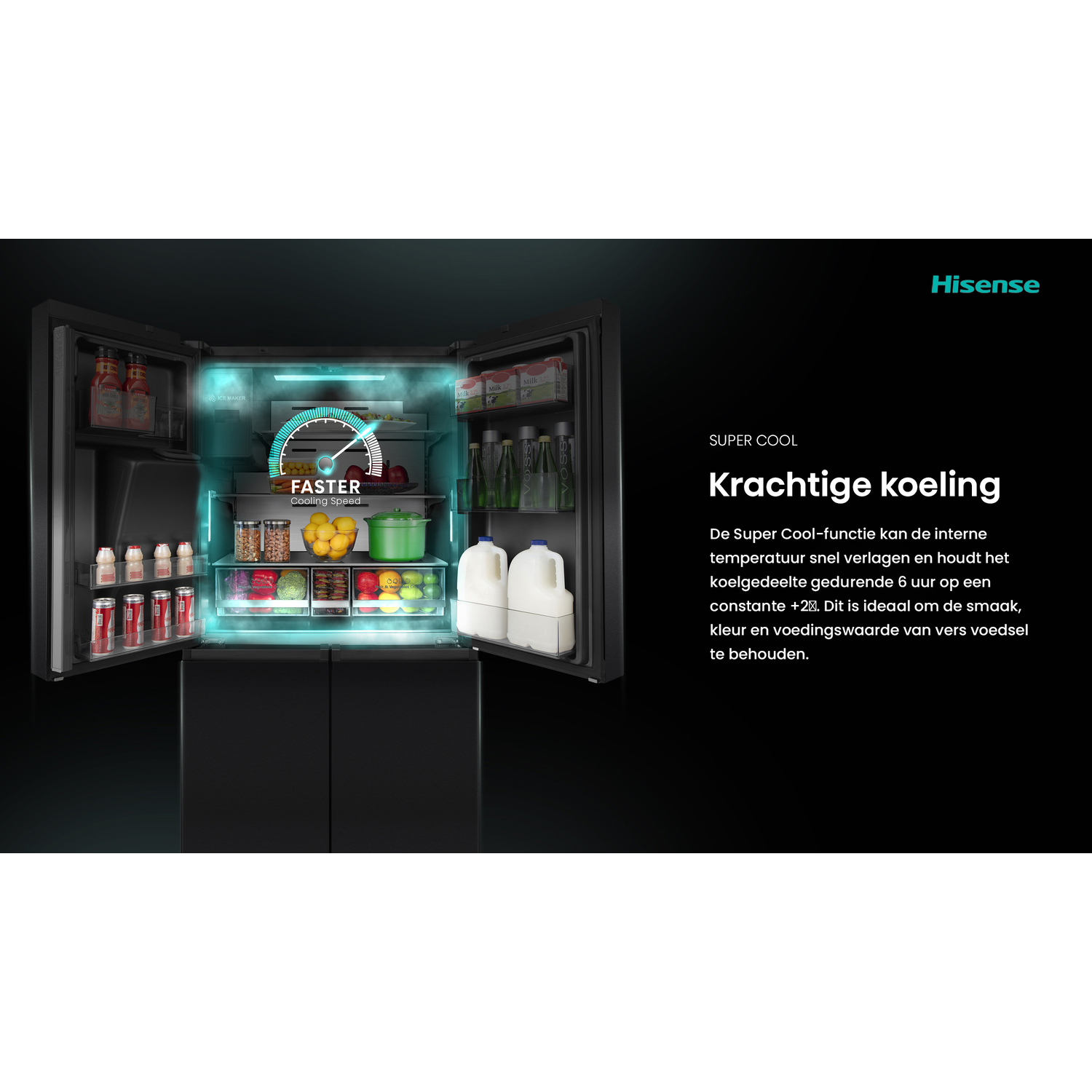 Open zwarte Hisense koelkast met georganiseerde voedingsmiddelen, met een verlichte 'Faster Cooling Speed' indicator.