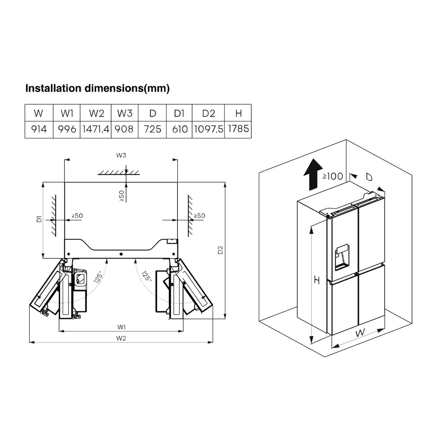 Diagram van een koelkast met installatiematen in mm. Toont W, W1, W2, W3, D, D1, D2 en H maten. Inclusief hoeken en pijlen.