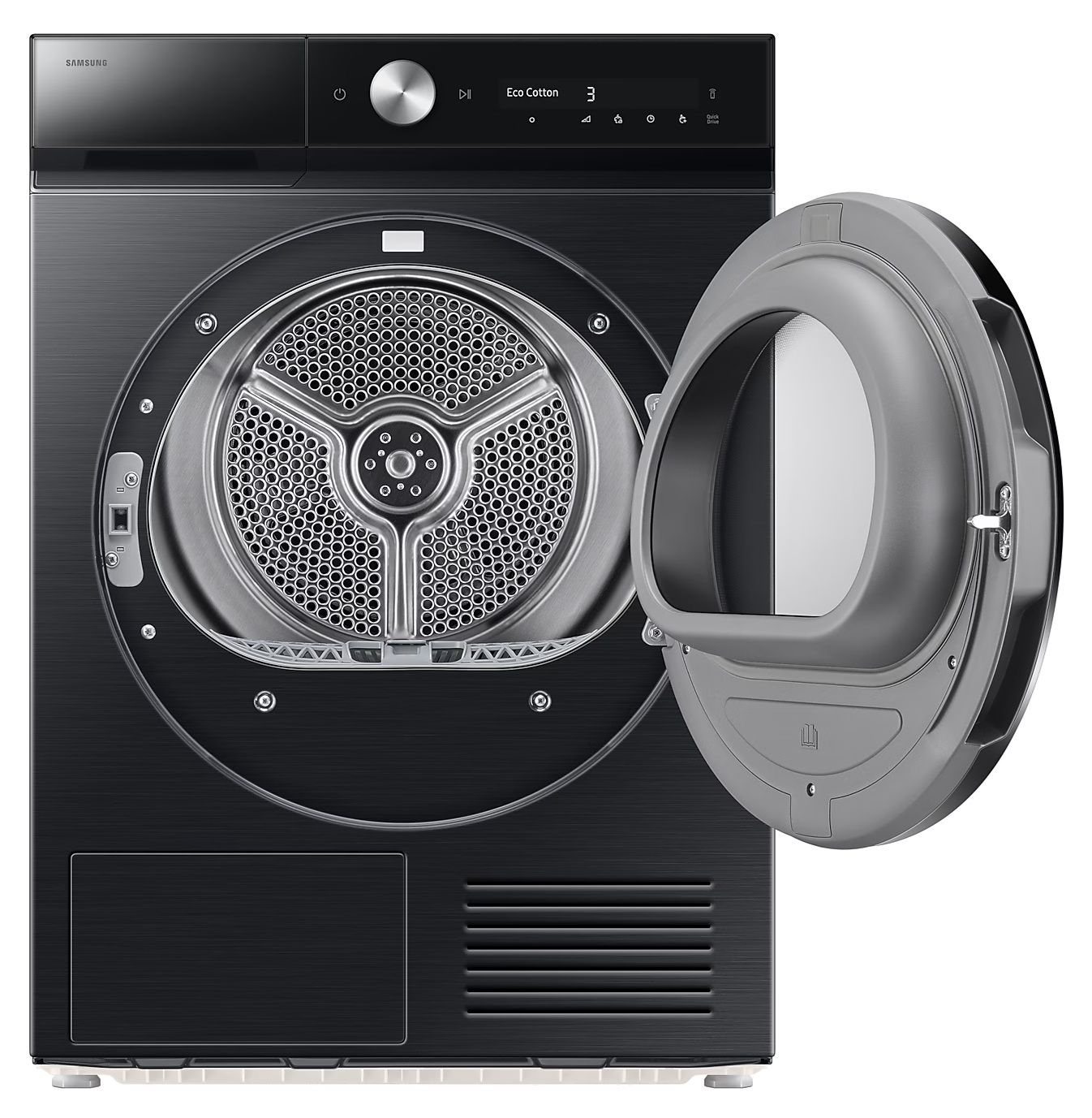 Czarna suszarka Samsung z otwartymi drzwiami. Bęben jest widoczny, a panel sterowania znajduje się na górze.
