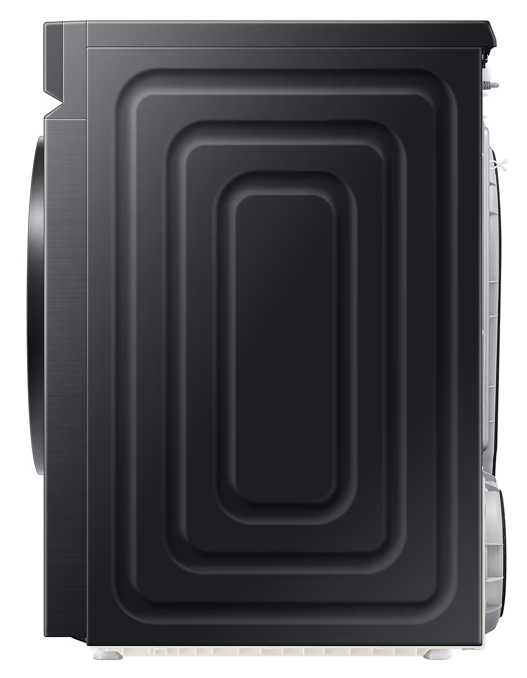 Widok z boku czarnej pralki. Bok ma duży, wpuszczany panel. Białe nóżki podtrzymują maszynę.
